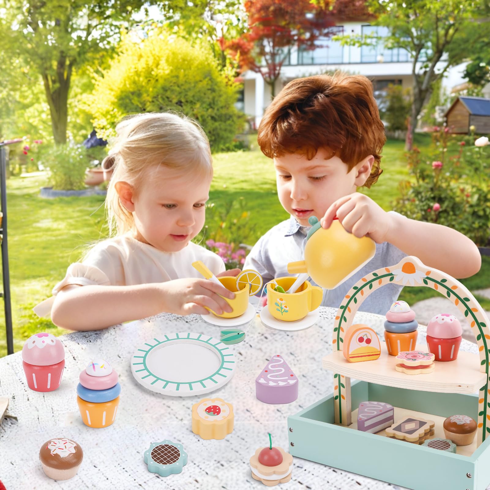 Wooden Tea Party Set for Kids - Pretend Play Tea Set with Cupcake Stand & Play Kitchen Accessories - Montessori Learning Toys for Toddlers Ages 3-6 - Perfect Birthday Gift for Girls (Great for Imaginative Play, Tea Parties & Role-Playing Games)