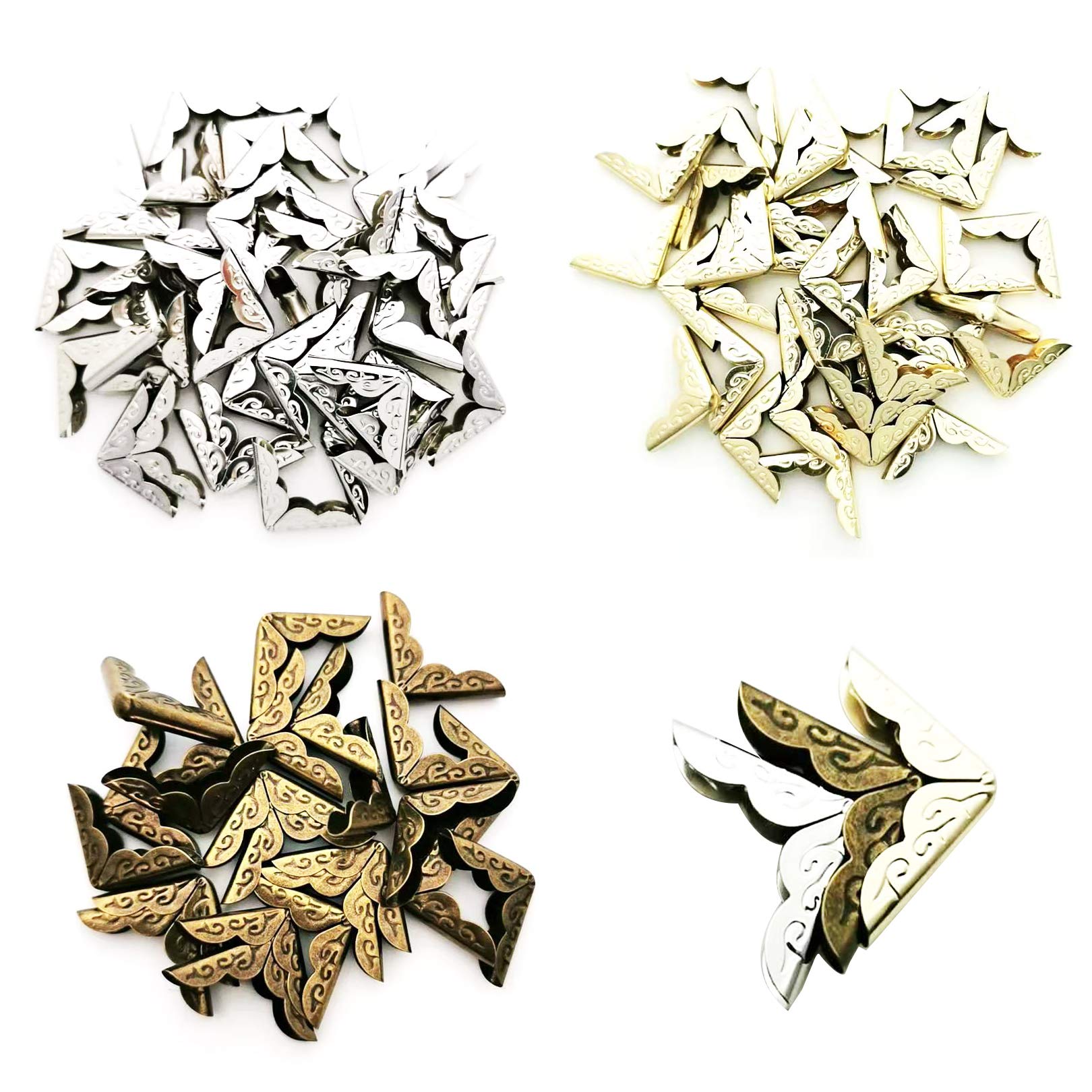 150PCS Metal Book Corner Protectors - Gold, Silver & Bronze (50PCS Each) - Scrapbook Album, Menu Folder Edge Guards for Home, Office & School Use