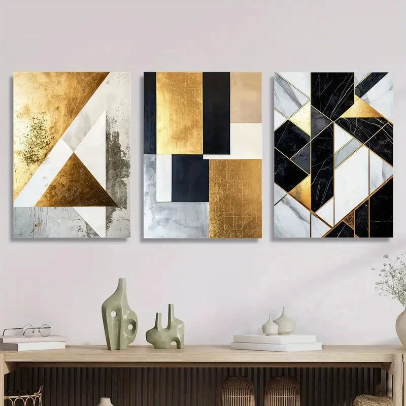 3-Piece Abstract Black & Gold Marble Metal Wall Art - Ready to Hang Modern Home Decor for Living Room, Bedroom & Office