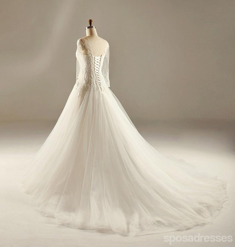Elegant Long Sleeve Empire Waist Lace Beaded Wedding Dress - Custom Made Bridal Gown WD226 | Perfect for Church Ceremonies, Beach Weddings & Vintage Themed Events