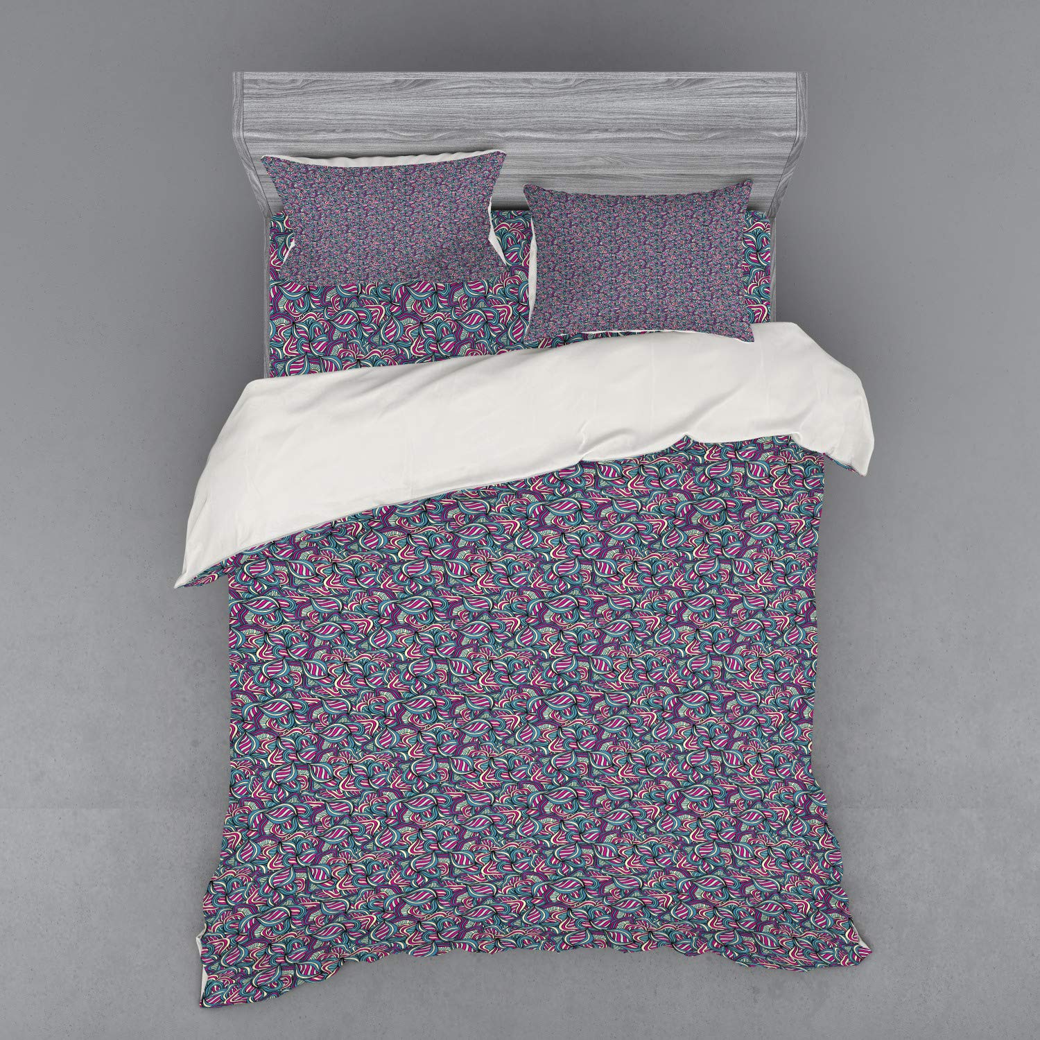 Ambesonne Bohemian Abstract Duvet Cover Set - Queen Size 4 Piece Bedding with Hand Drawn Wavy Lines in Fuchsia Slate Blue Cream | Modern Bedroom Decor for Guest Rooms & Master Suites