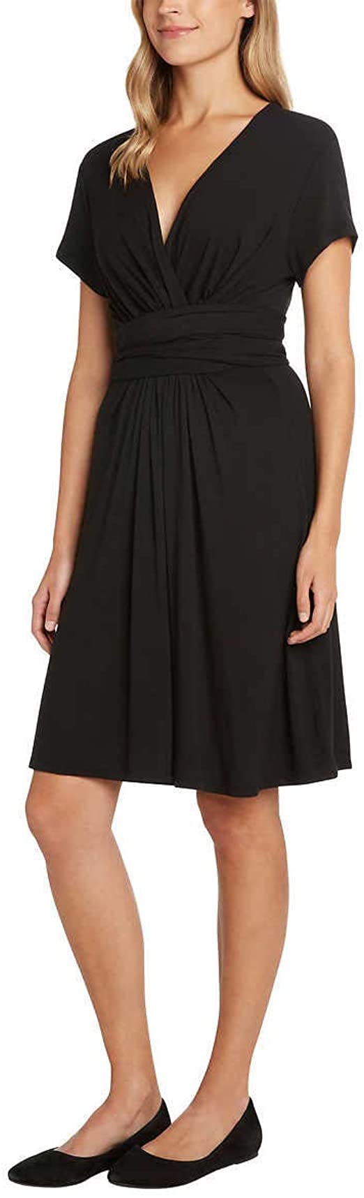 Matty M Women's Wrap Dress - Short Sleeve Stretchy Soft Knee-Length Summer Dress (Size S, Black) | Perfect for Office, Date Night & Casual Outings