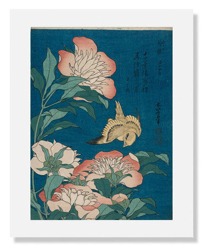 Katsushika Hokusai Peonies and Canary Art Print - Japanese Ukiyo-e Wall Decor for Home & Office - Perfect for Living Room, Bedroom or Gallery Display
