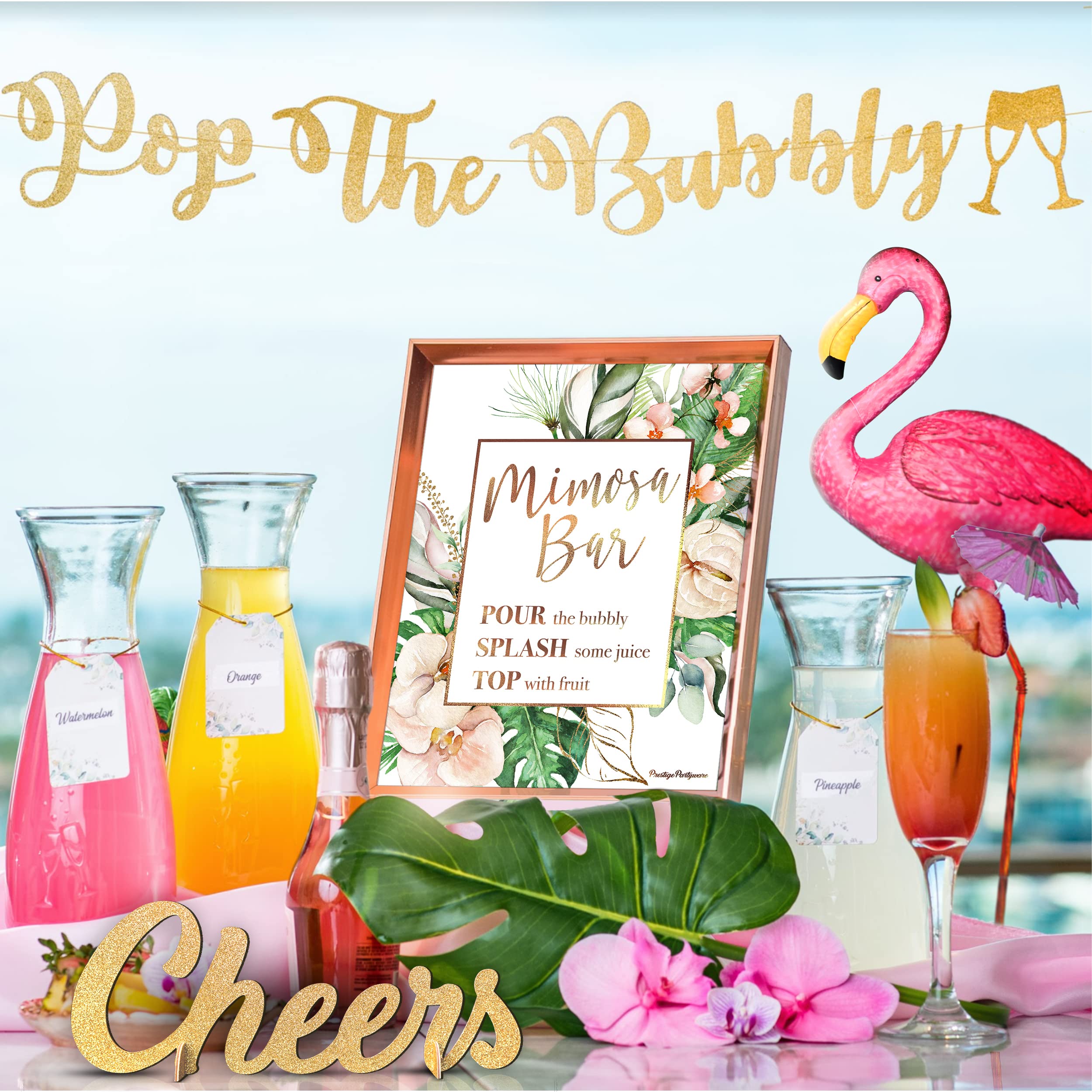 Prestige Mimosa Bar Decor - Tropical Flamingo & Hawaiian Party Supplies for Beach Bachelorette, Bridal Shower & Summer Luau | Perfect for Adult Brunch Decorations & Baby Girl Celebrations