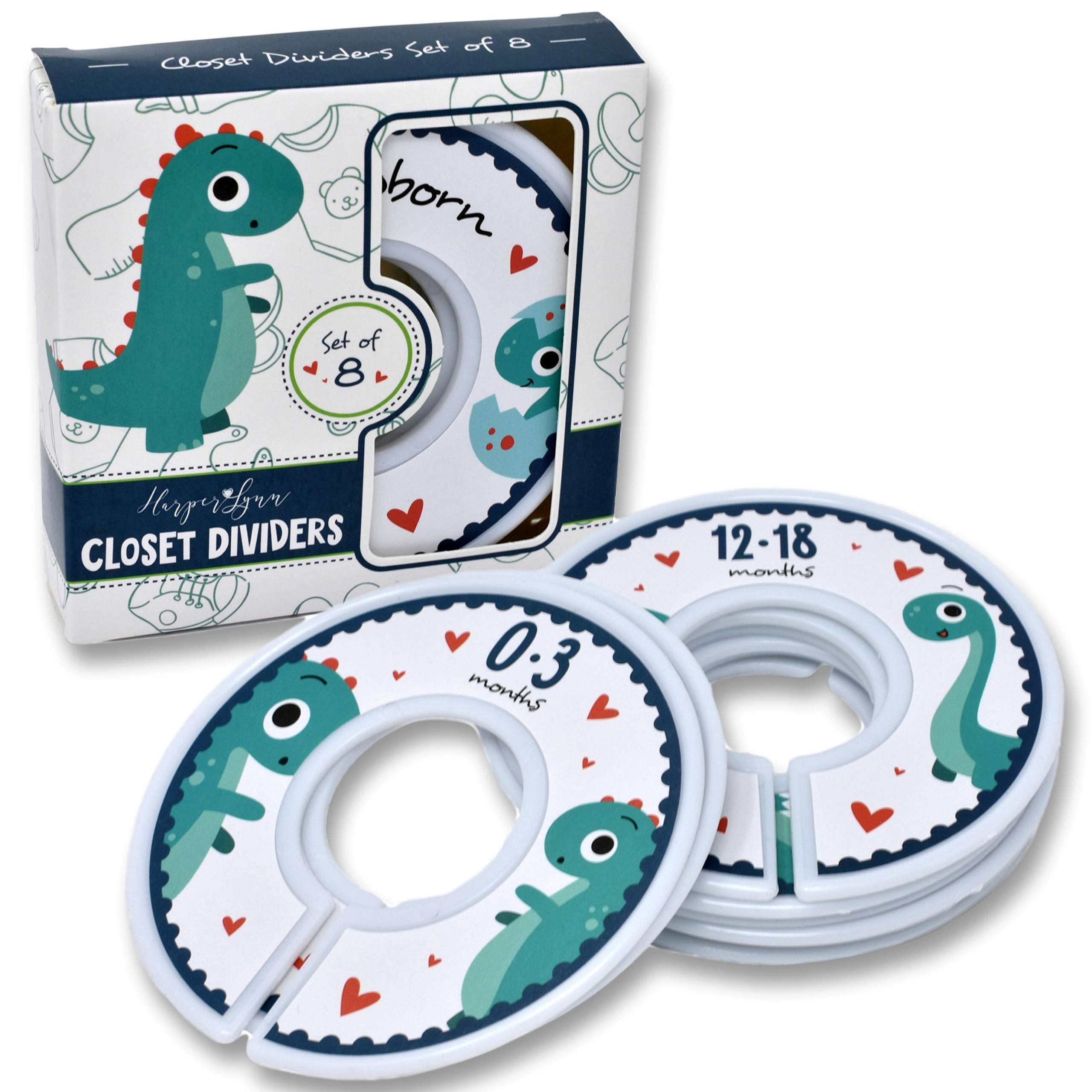 HarperLynn Baby Closet Dividers - 8-Pack Dinosaur Nursery Clothes Organizers for Newborn to 2T - Perfect for Boys & Girls - Fits 1.25 Inch Rod - Ideal Baby Shower Gift & Nursery Organization Solution