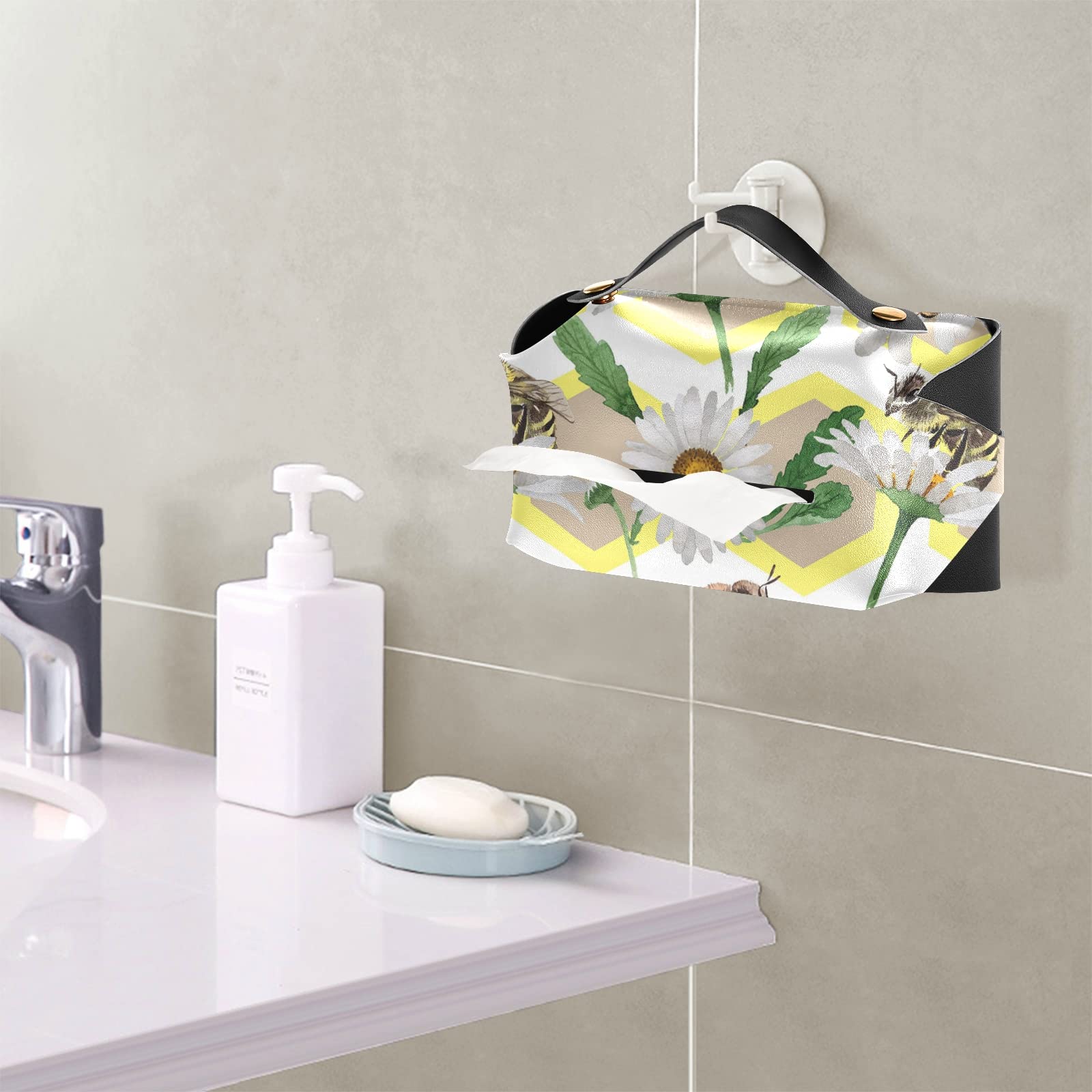 Poeticcity Honey Bee on White Daisy Flowers Hexagon Leather Tissue Box Cover - Decorative Tissue Holder for Bathroom, Office, Nightstand & Vanity (5.7x5.7x5.7 in) - Perfect for Farmhouse Decor, Spring Home Accents & Gift Ideas