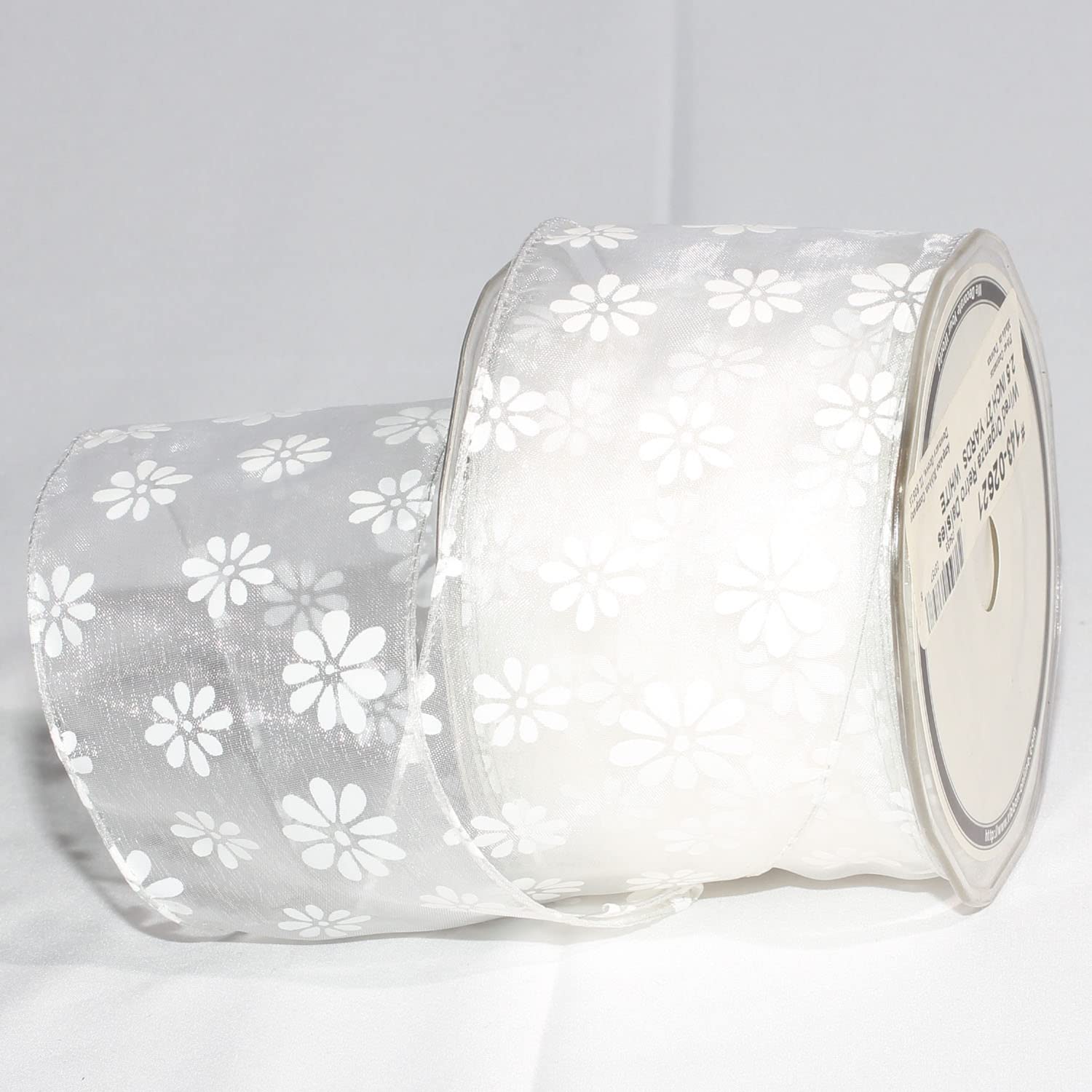 The Ribbon People White Retro Daisies Organza Wired Craft Ribbon - 2.5