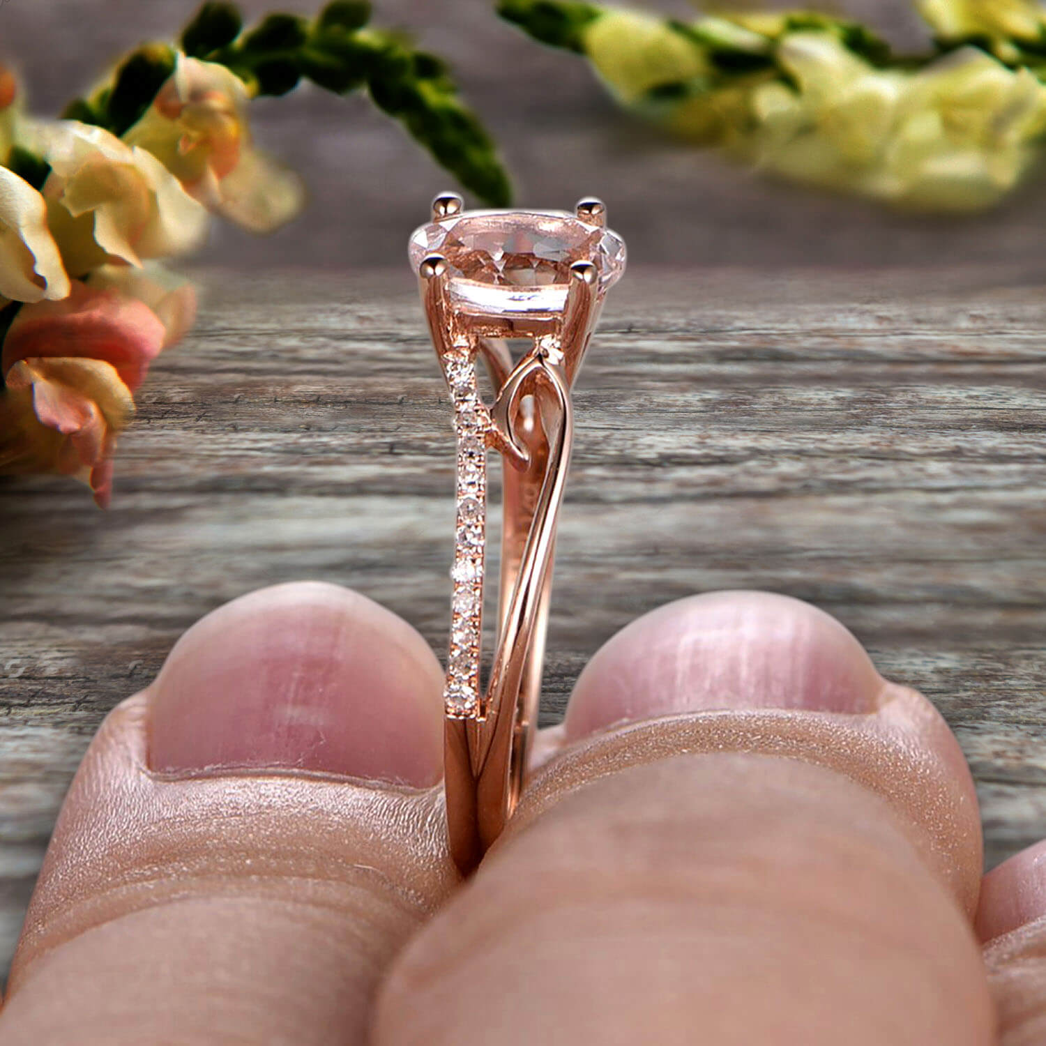 1.25 Carat Oval Cut Morganite Engagement Ring & Wedding Band in 10k Rose Gold with Shining Split Shank - Perfect for Proposals, Anniversaries & Bridal Jewelry