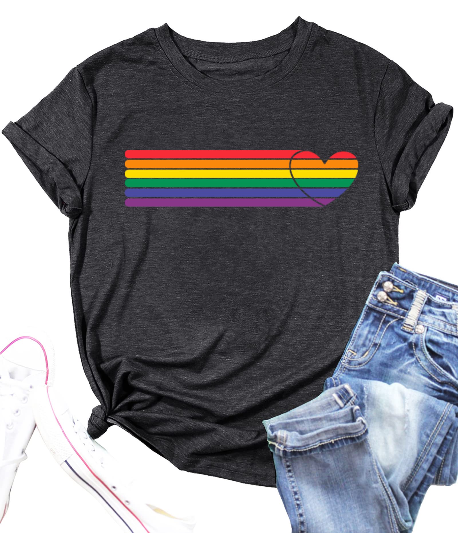 Pride T-Shirts for Women - Rainbow Heart Graphic Tees, LGBT Casual Short Sleeve Tops for Everyday Wear & Pride Events