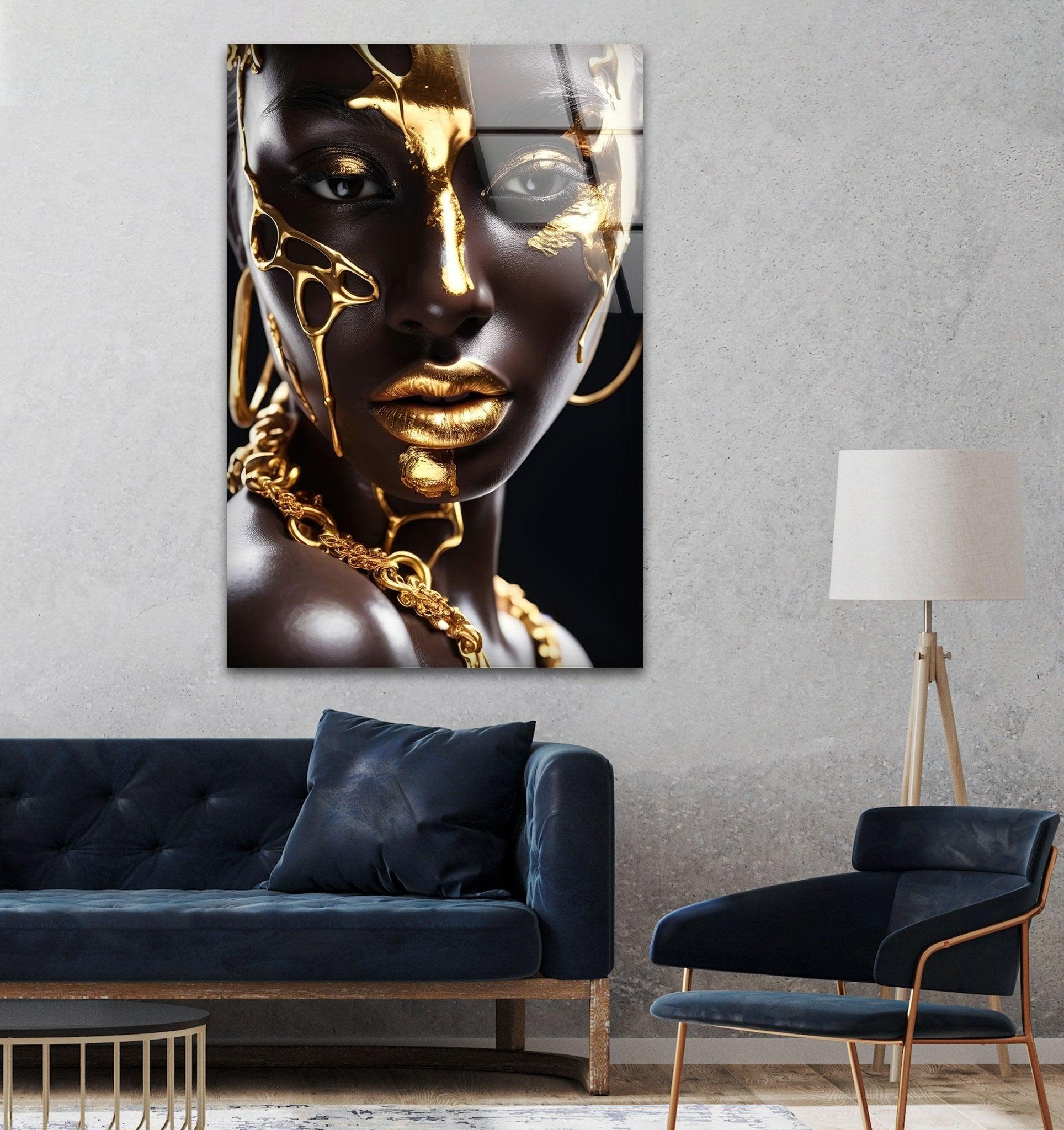 African Gold Woman Glass Wall Art - Handmade African Decor for Living Room, Bedroom & Office - Elegant Home Decor Gift for Women