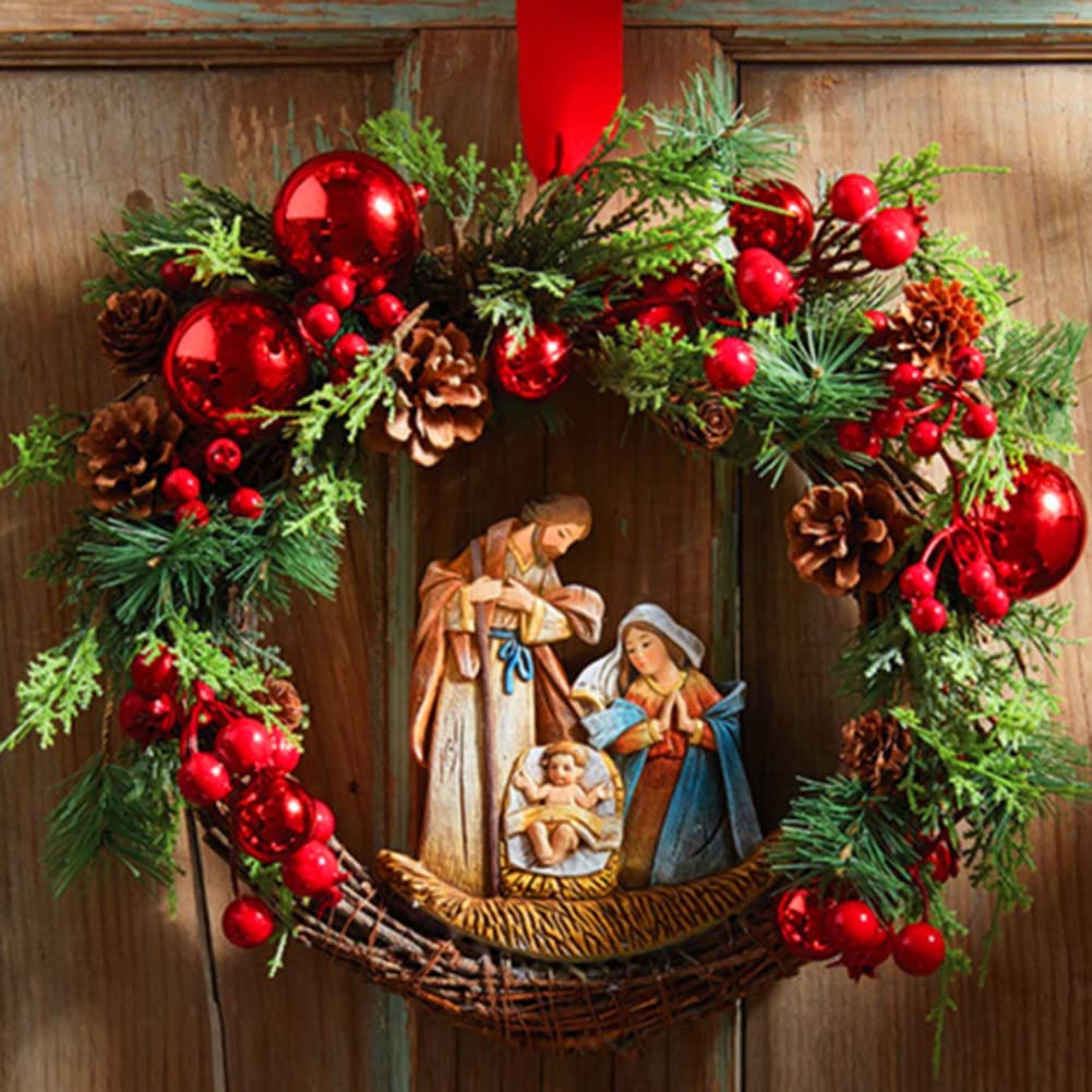 LED Lighted Nativity Scene Christmas Wreath - Holy Family Set with Candle & Lights for Front Door, Wall Hanging - Sacred Xmas Decor for Holiday Home, Church & Outdoor Christmas Decorations