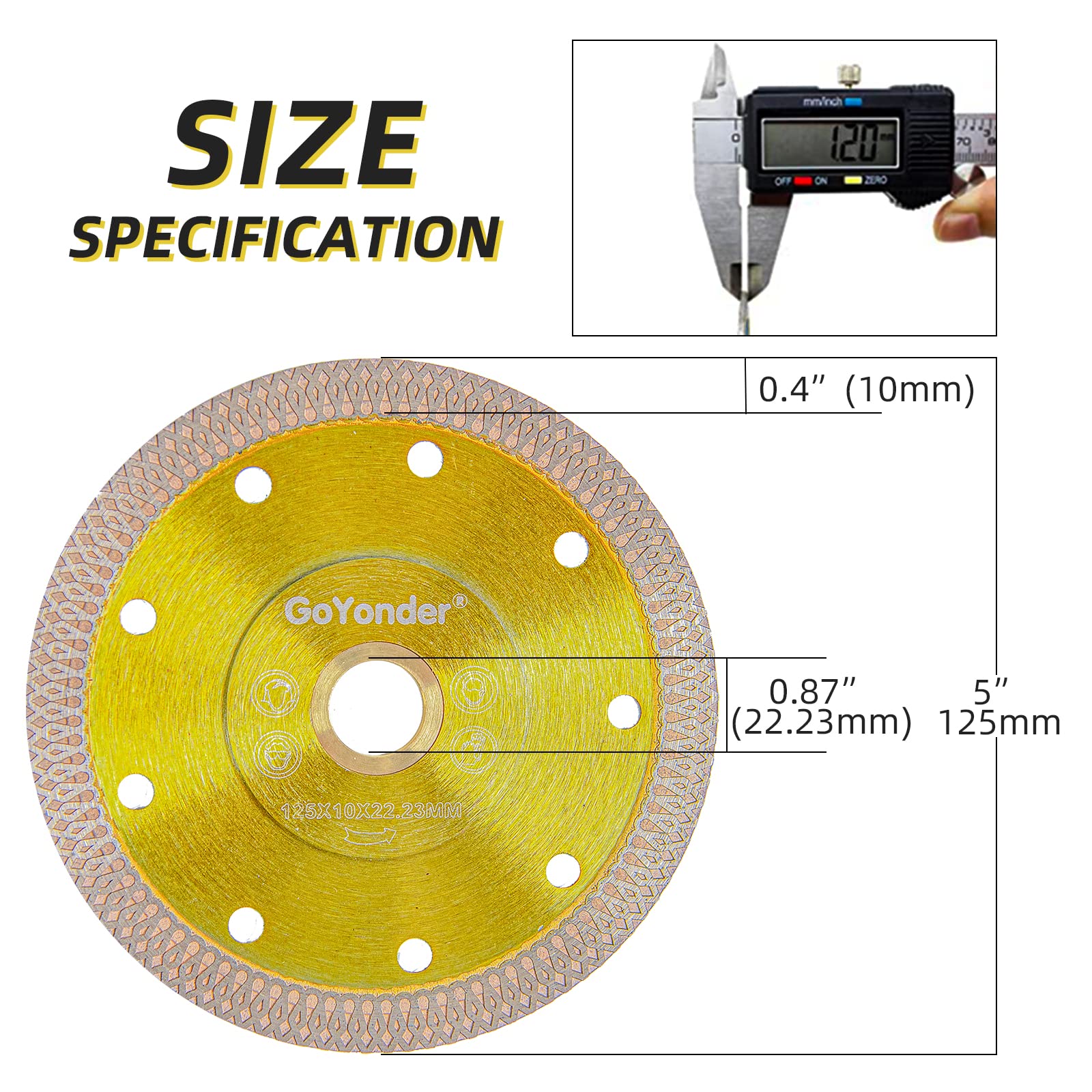 GoYonder 5-Inch Diamond Tile Blade for Angle Grinder - Ultra Thin Wet/Dry Cutting Disc for Ceramic, Porcelain, Granite, Marble & Stone - Perfect for DIY Projects, Home Renovation & Professional Tile Installation (Golden, 5