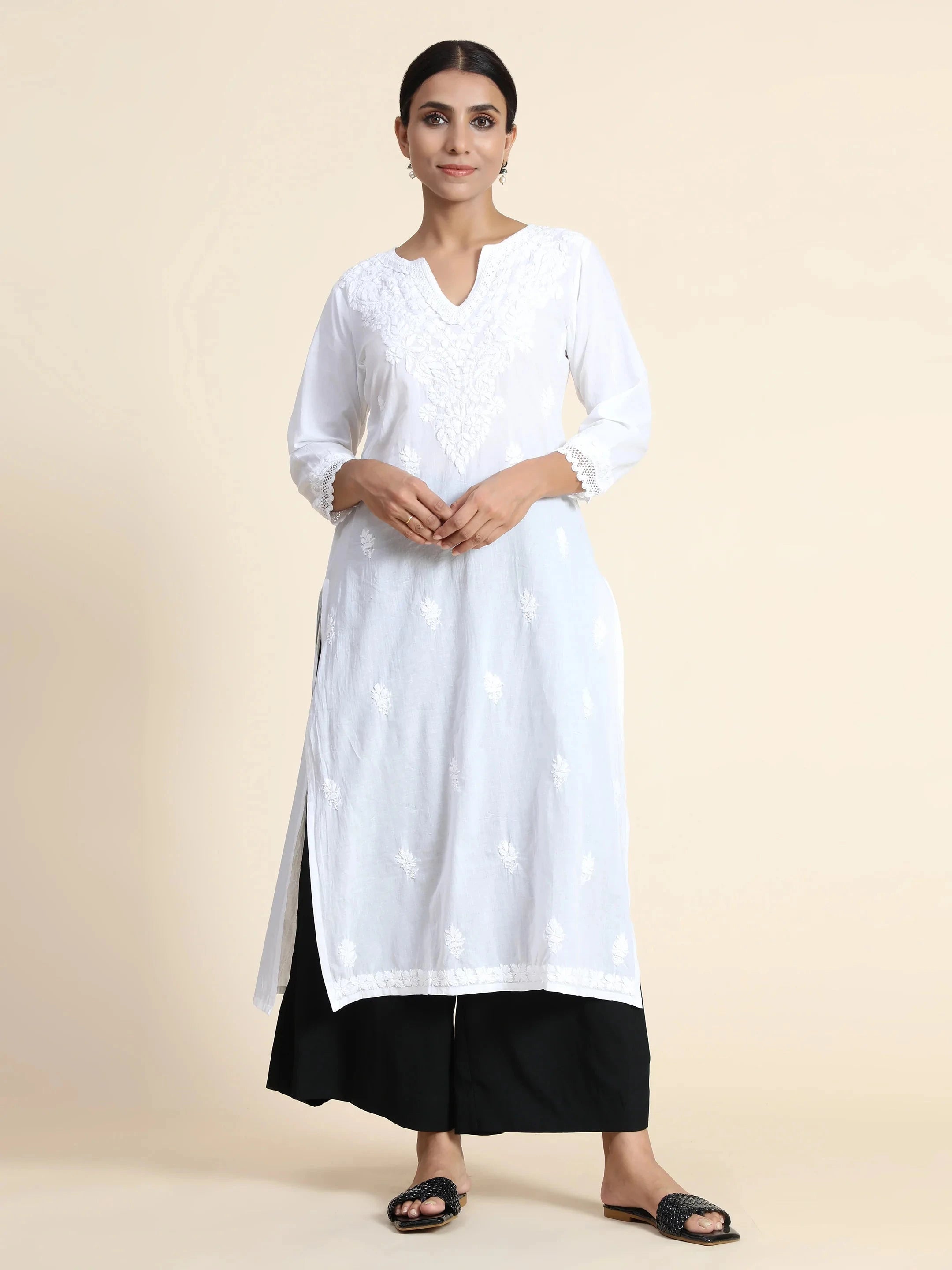Sharmin HOK Chikankari Long Kurti for Women - White Traditional Indian Embroidered Tunic Top - Perfect for Festivals, Weddings & Ethnic Occasions