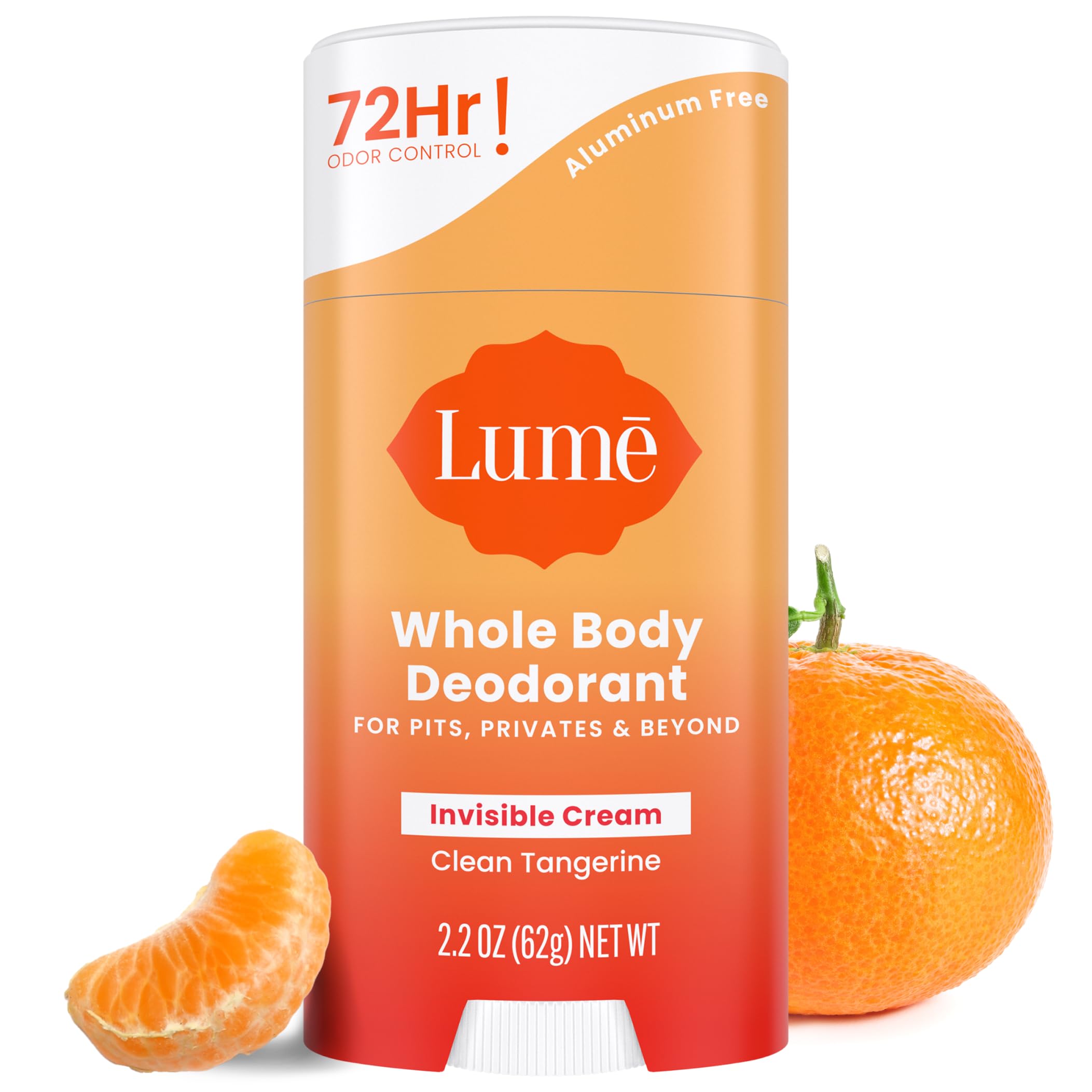 Lume Whole Body Deodorant Cream Stick - 72 Hour Odor Protection, Aluminum & Baking Soda Free, Hypoallergenic - 2.2 oz (Clean Tangerine) | Safe for Sensitive Skin, Ideal for Gym, Travel & Daily Use