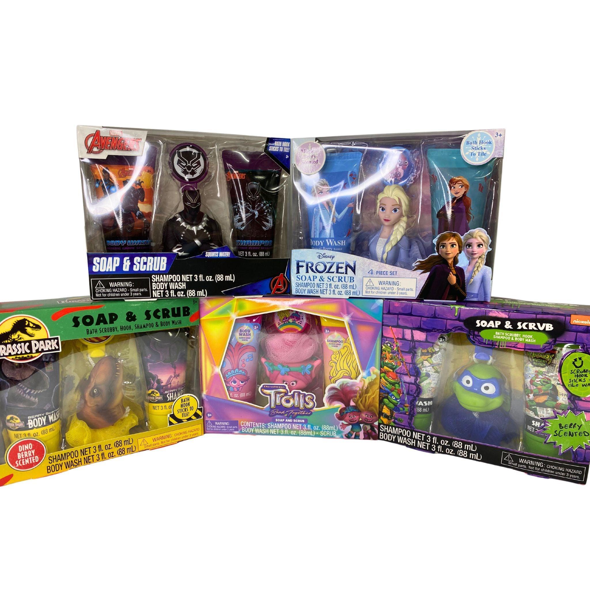Frozen, Trolls & Ninja Turtles 4-Piece Soap and Scrub Gift Set (30 Pcs Bulk) - Perfect for Kids Bath Time, Birthday Party Favors & Disney Themed Gifts