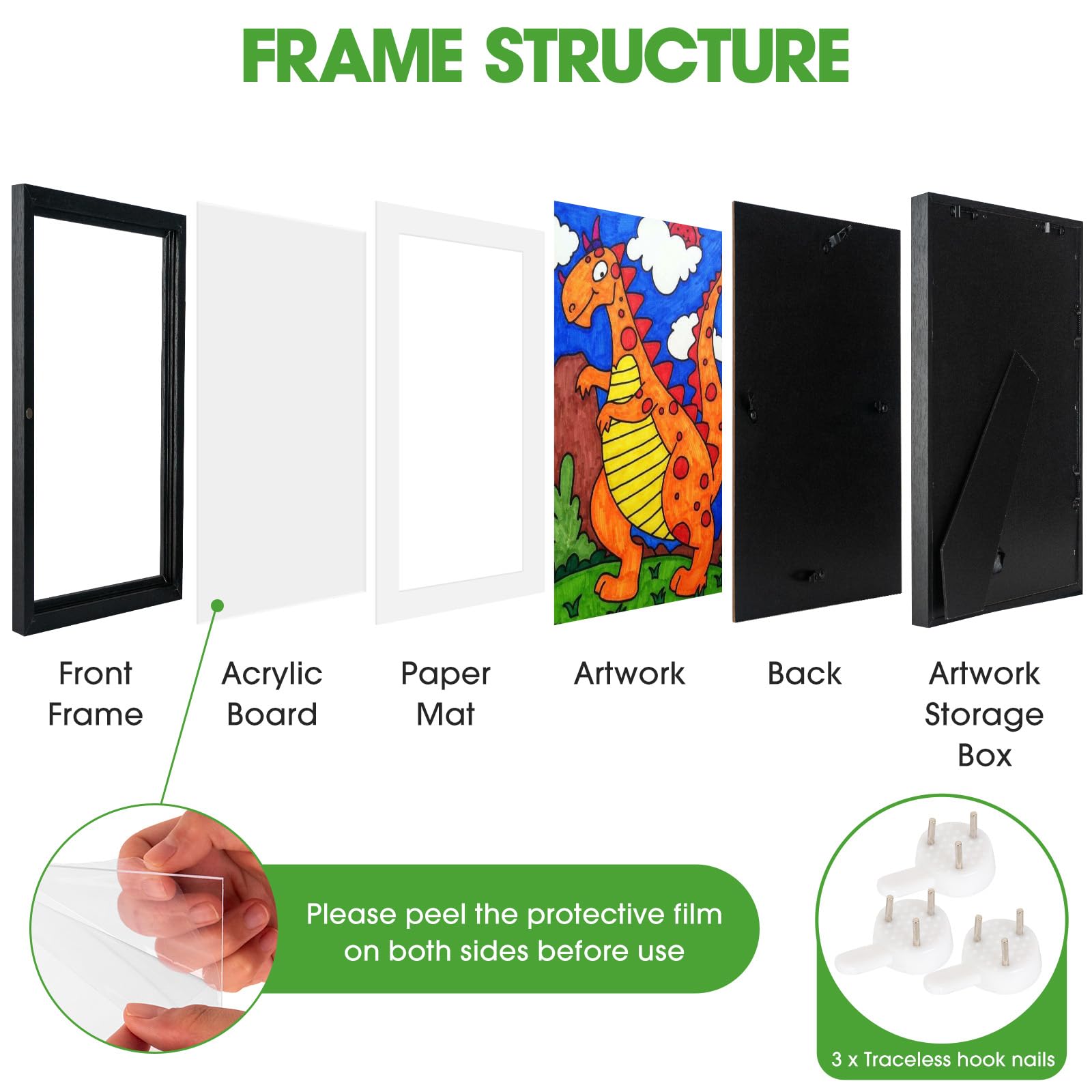 AIOR Kids Art Frame - 8.5 x 11 Front Opening Picture Frame for Children's Artwork | Holds 150 A4 Drawings & Projects | Changeable Display with Stand | Perfect for Classroom Decor, Home Gallery & Gift (Black)