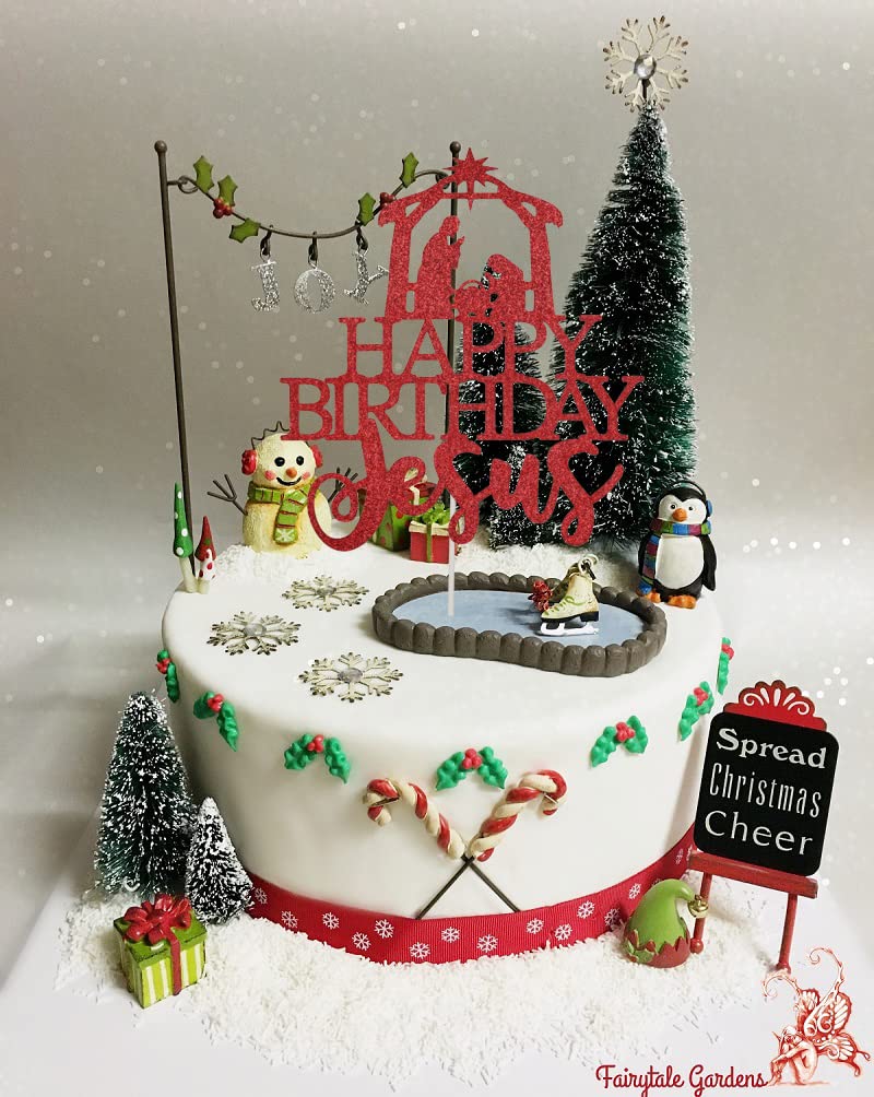 Happy Birthday Jesus Cake Topper - Red Glitter Jesus Nativity Cake Decor for Christmas & Religious Celebrations - Perfect for Nativity Scene, Christmas Birthday Parties & Holiday Decorations