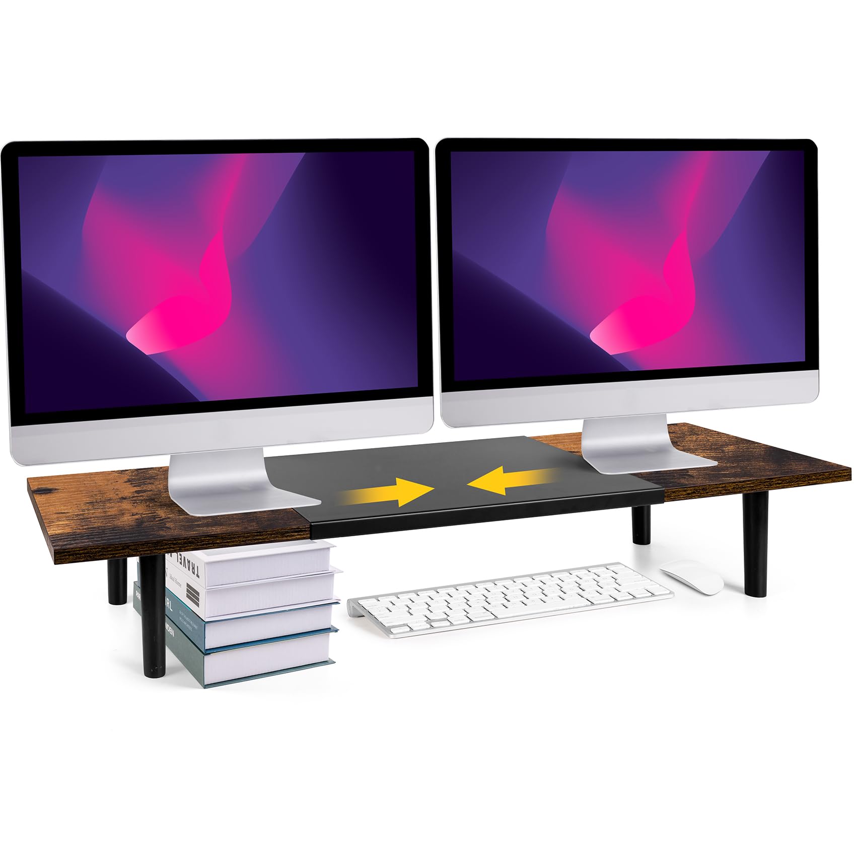 Adjustable Dual Monitor Stand Riser for Desk - 32 to 40 Inch Large Computer Monitor Shelf for 2 Screens - Sturdy Desk Organizer for Computer, Laptop, PC, Printer & TV - Perfect for Home Office, Gaming Setup & Workspace Organization (Brown)