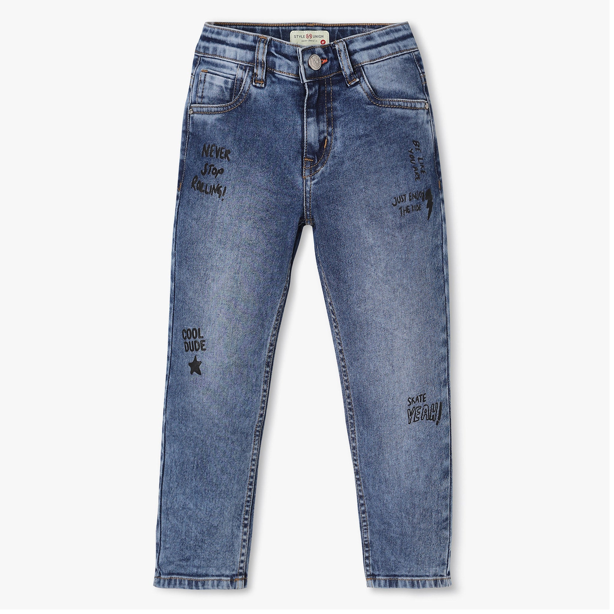 Boys Slim Fit Distressed Washed Printed Jeans - Trendy Denim Pants for Casual Wear, School & Outings