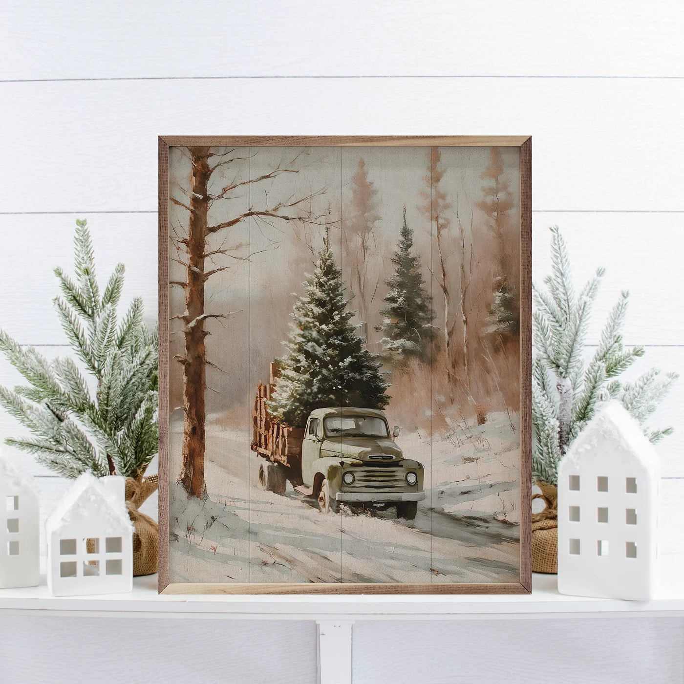 Christmas Tree Delivery Truck Wood Framed Print - Holiday Wall Art Decor for Living Room, Bedroom & Office