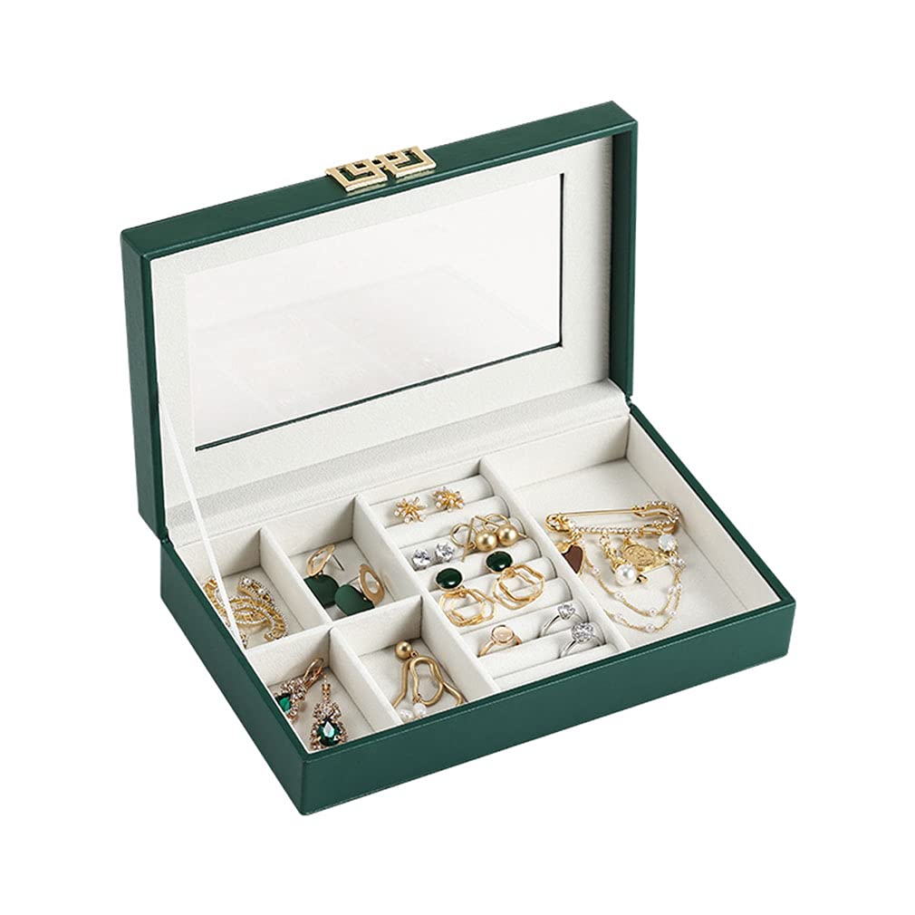 Elegant Green Leather Jewelry Box Organizer with Clear Lid - Perfect Storage for Rings, Earrings, Necklaces, Bracelets & Watches | Ideal Gift for Women & Girls | Great for Travel, Home Decor & Jewelry Display