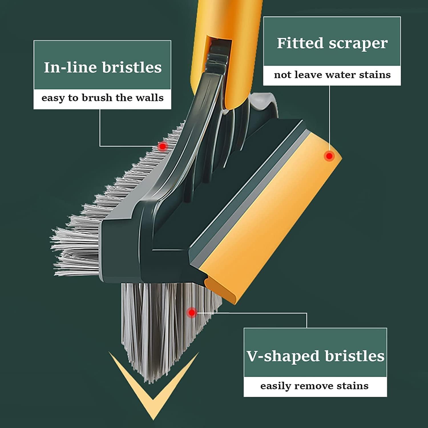 Professional Floor Scrub Brush with Long Handle - V-Shape Stiff Bristles & Squeegee Combo, 120° Rotating Head for Tile, Grout, Bathroom & Home Cleaning - Perfect for Hard Floors, Showers & Kitchen (2-in-1 Brush & Wiper Set)