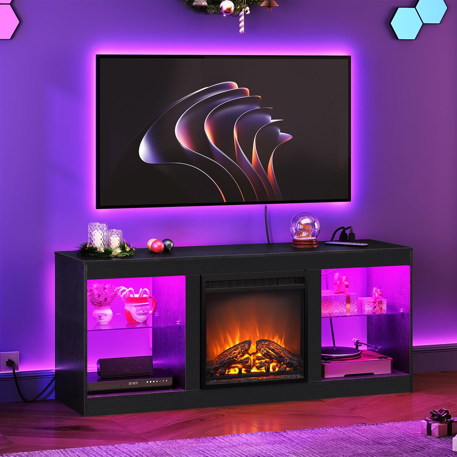 HOOBRO 65 Inch Fireplace TV Stand with LED Lights & Power Outlets, Electric Fireplace Entertainment Center with Adjustable Shelves - Modern TV Console for Living Room, Bedroom & Office (Black BK048UDDS01US) | Perfect for Home Theater Setup & Cozy Winter Nights