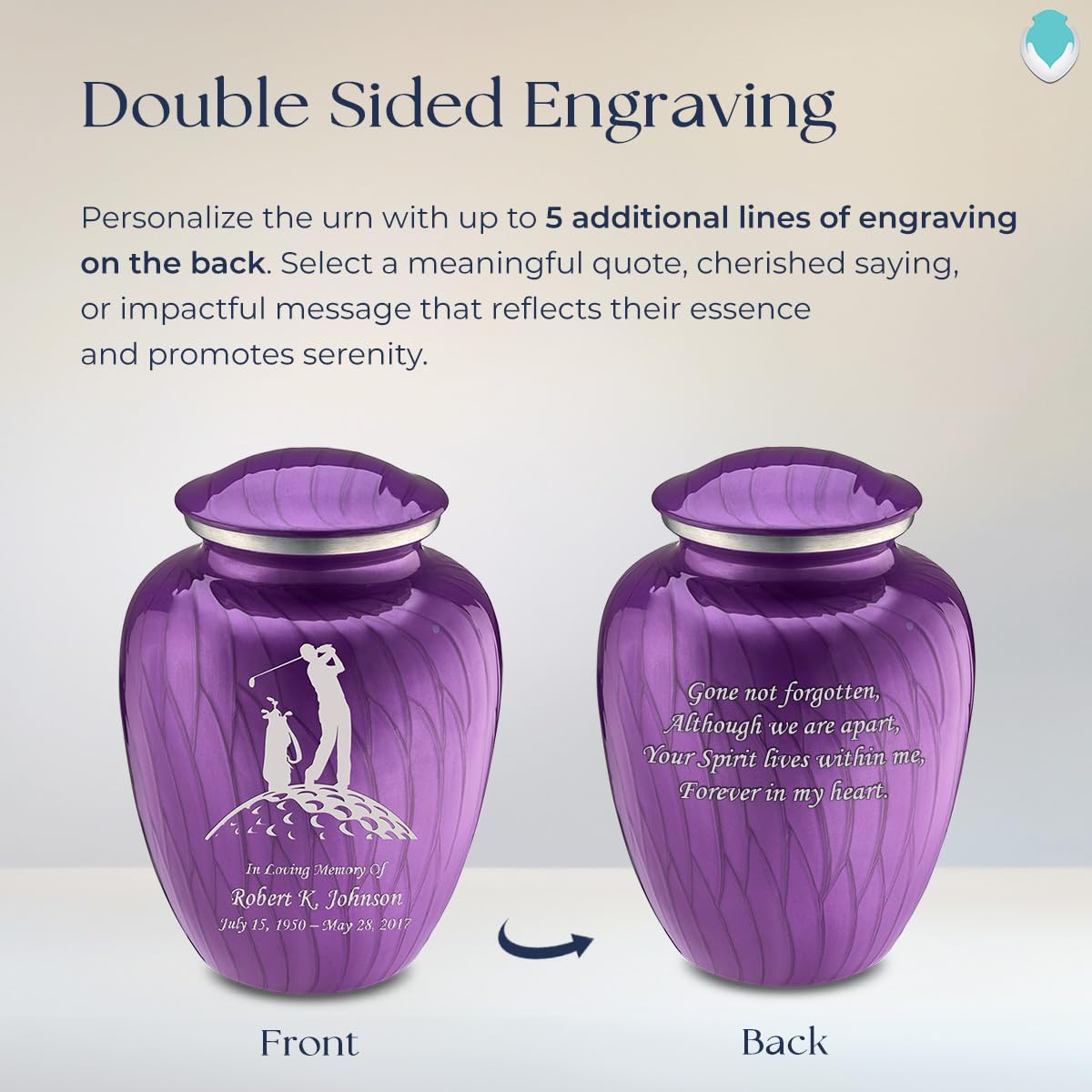 Personalized Golf Cremation Urns for Adults - Large Pearl Purple Funeral Urn for Men & Women with Double-Side Engraving (Holds 200 lbs) | Memorial Keepsake for Golf Lovers, Perfect for Home Display or Cemetery Placement