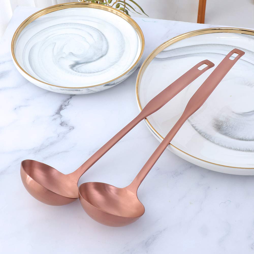 Premium 2-Piece Rose Gold Soup Ladle Set - Long Handle Stainless Steel Slotted Spoons for Cooking, Serving & Hotpot | Durable Kitchen Utensils for Soup, Stew & Pasta