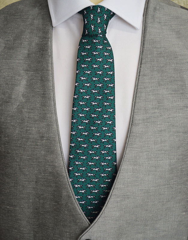 Premium 100% Silk Tie for Men - Elegant White & Blue Horse & Rider Design on Green Background - Perfect for Business, Weddings & Formal Events