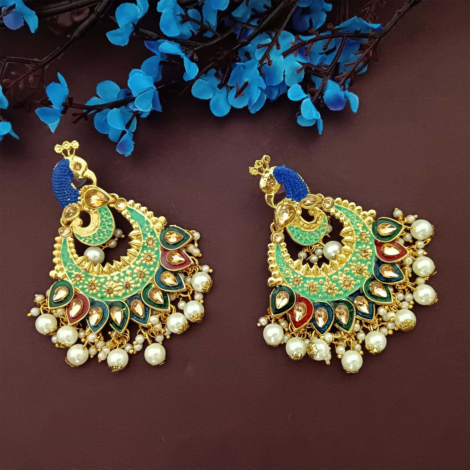 Exquisite Indian Chandbali Peacock Earrings for Women – Crystal Rhinestone & Faux Pearl Dangle Bridal Jewelry Set – Perfect for Weddings, Bollywood Parties, and Special Occasions