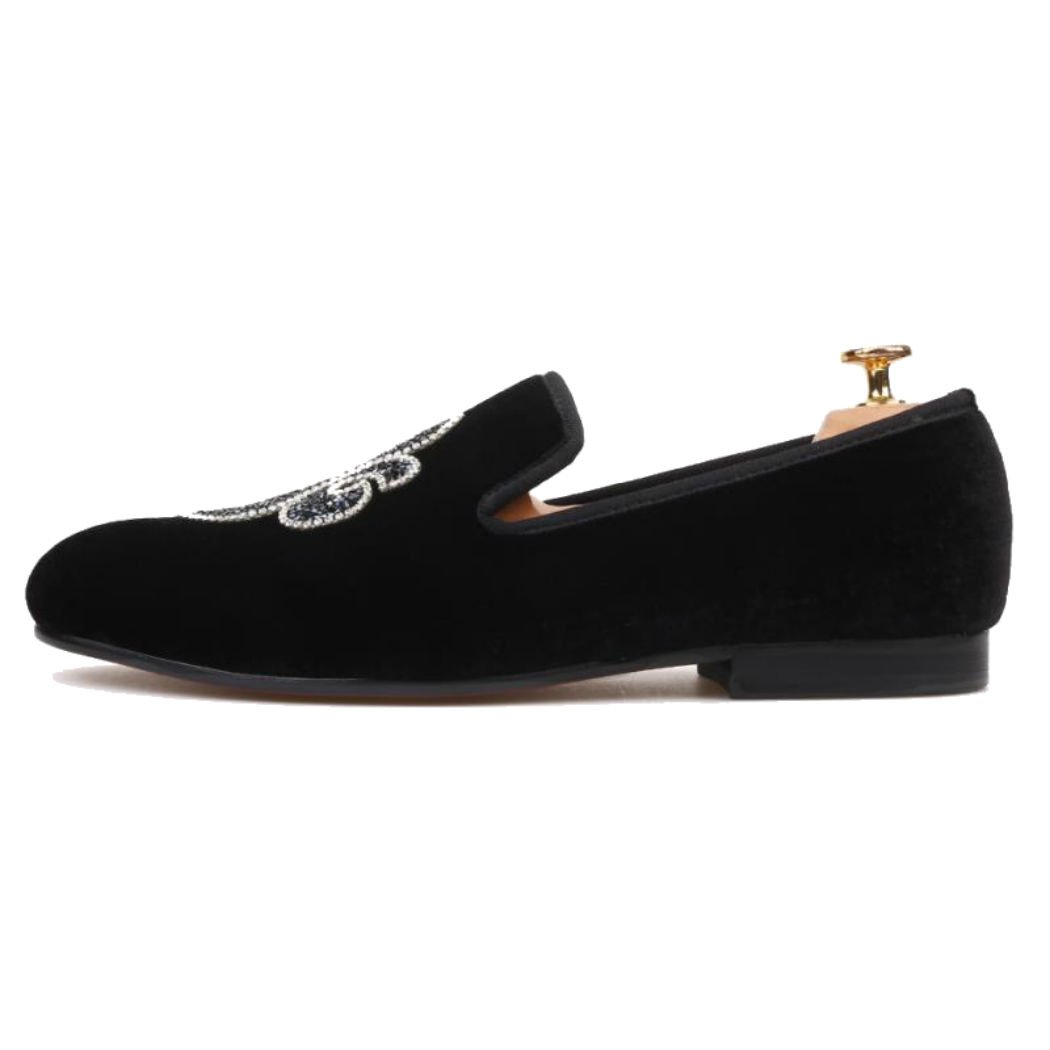 FERUCCI Handmade Men's Black Velvet Slippers - Crystal Embroidered Loafers for Indoor & Outdoor Comfort | Perfect for Home, Hotel & Lounge Wear