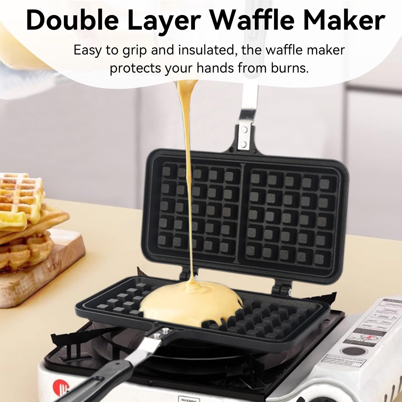 Cast Iron Belgian Waffle Maker - Non-Stick Double Mini Waffle Iron Pan for Breakfast, Snacks & Desserts (8.5