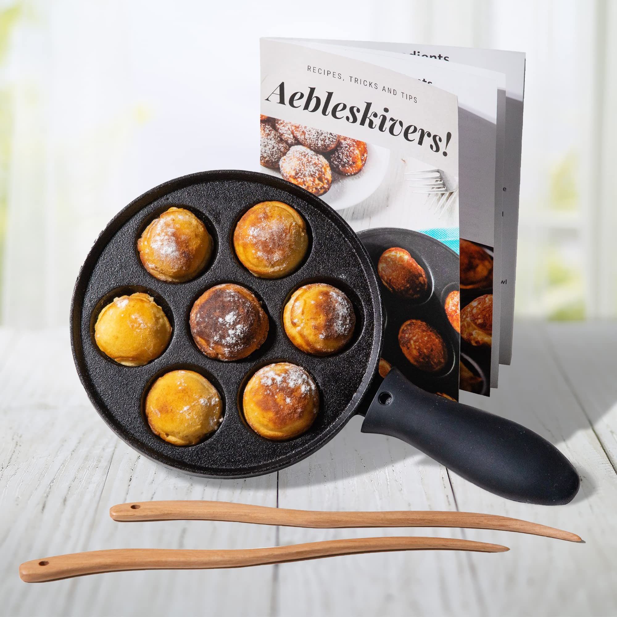 Upstreet Cast Iron Aebleskiver Pan - Danish Ebelskiver Pan for Mini Pancakes, Cake Pops & Takoyaki | Perfect for Breakfast, Desserts & Party Snacks (Black)