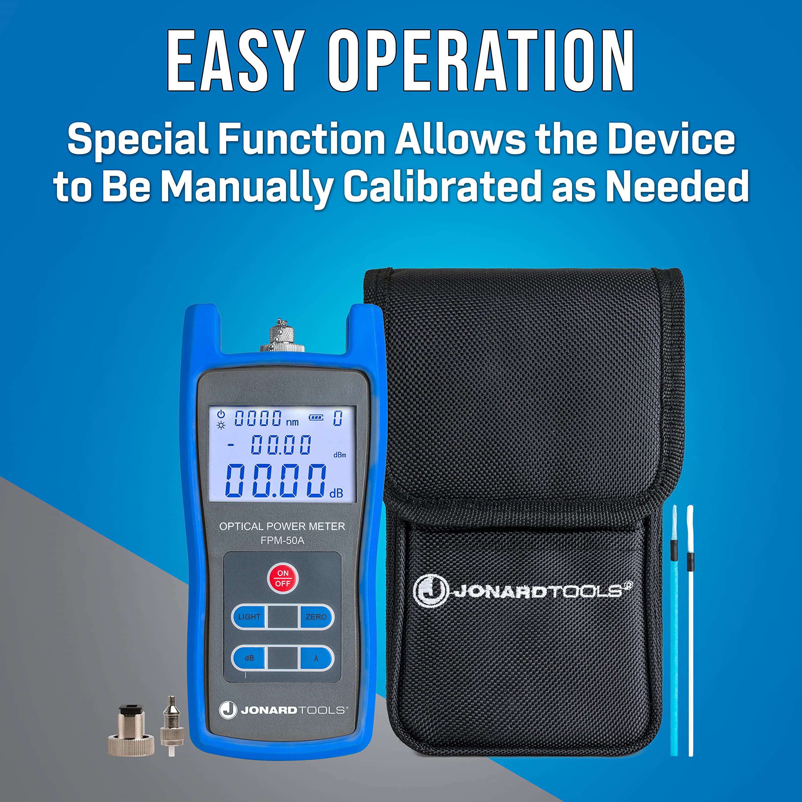Jonard Tools FPM-50A High Precision Fiber Optic Power Meter (-50 to +26 dBm) with FC/SC/LC Adapters - Ideal for Telecom, Data Centers & Network Testing - Includes Carry Case for Easy Transport