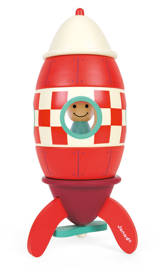 Janod Large Magnetic Wooden Toy Rocket for Kids - STEM Learning Space Exploration Playset for Toddlers & Preschoolers - Perfect for Imaginative Play & Early Childhood Development