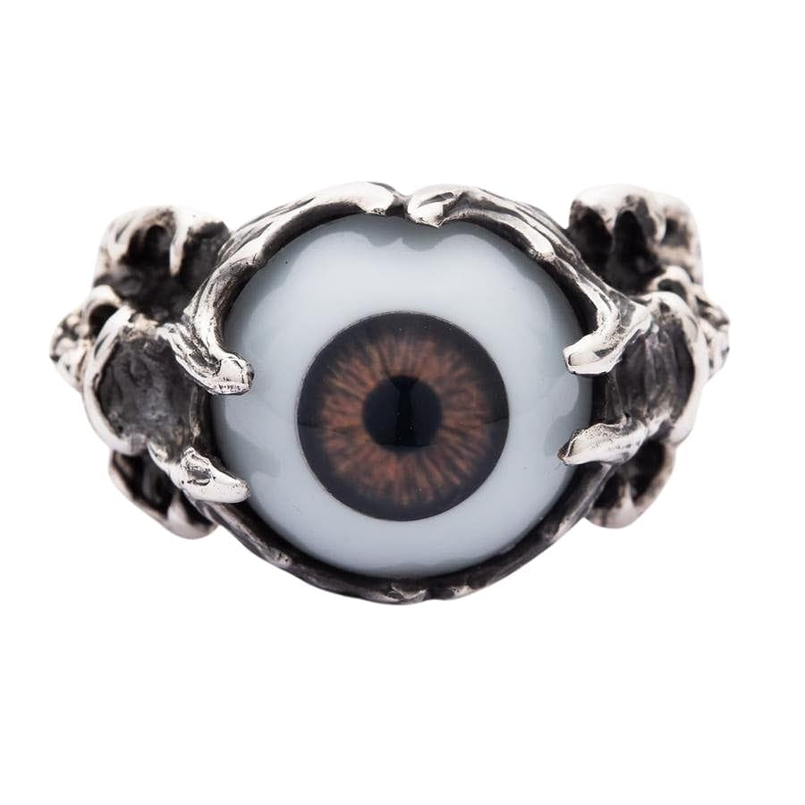 Gothic Devil Skull Ring with Brown Eyeball - Sterling Silver Jewelry for Men & Women - Perfect for Halloween, Punk Fashion, and Dark Aesthetic Outfits