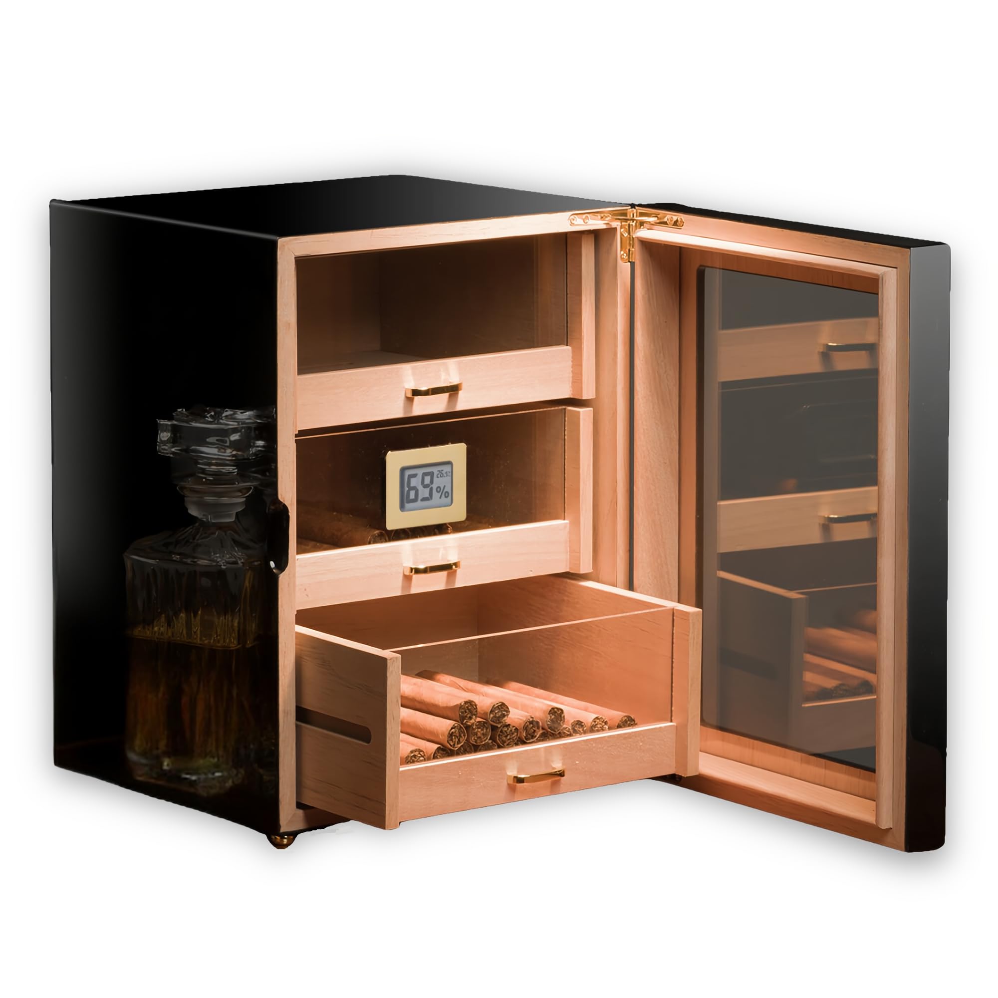 Woodronic 150-Cigar Humidor Cabinet with Digital Hygrometer, 2 Crystal Gel Humidifiers & Spanish Cedar Liner - Magnetic Door, Polished Piano Black Finish - Perfect Desktop Cigar Storage Gift for Dad | Home Office, Man Cave & Luxury Gift Idea