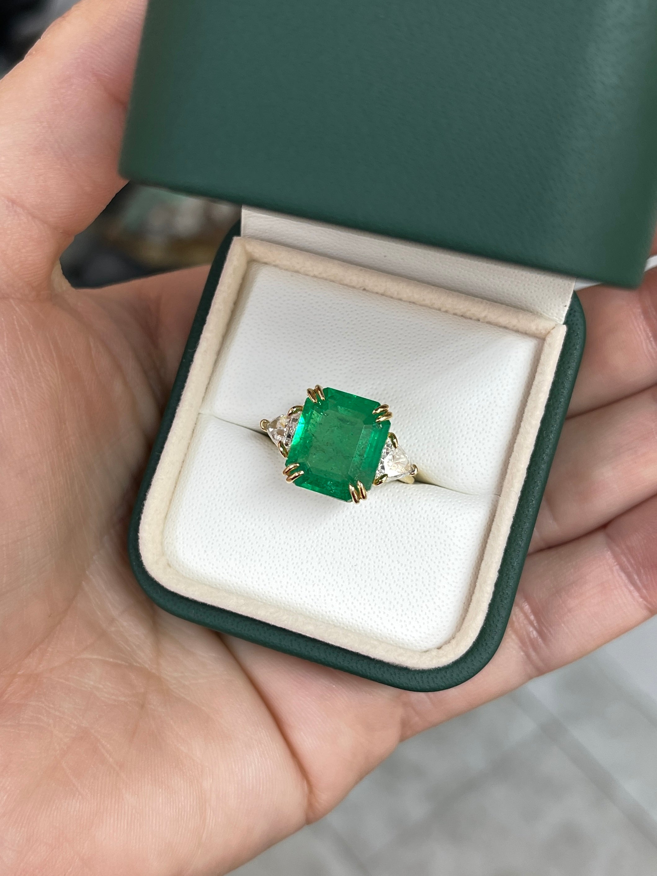 7.15tcw Muzo Colombian Emerald & Natural Trillion Diamond Three Stone 18K White Gold Ring - Elegant Jewelry for Engagement, Anniversary & Special Occasions