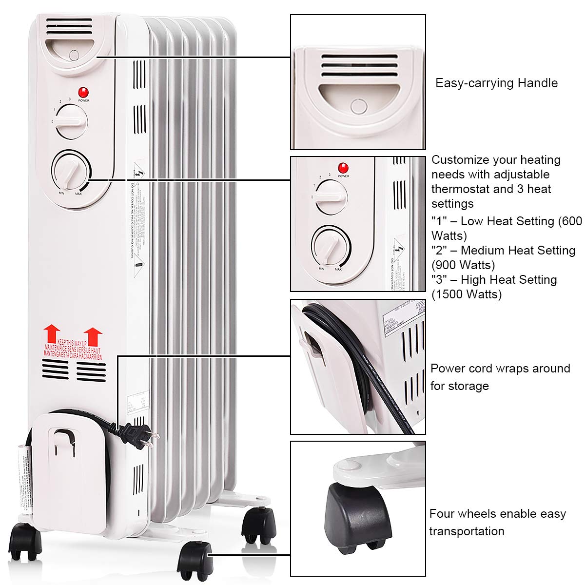 GOFLAME 1500W Oil Filled Radiator Heater with Wheels - Portable Space Heater for Home & Office with Adjustable Thermostat, 3 Heat Settings, Tip-Over & Overheat Protection - Quiet, Energy Efficient Heating for Bedrooms, Living Rooms & Workspaces