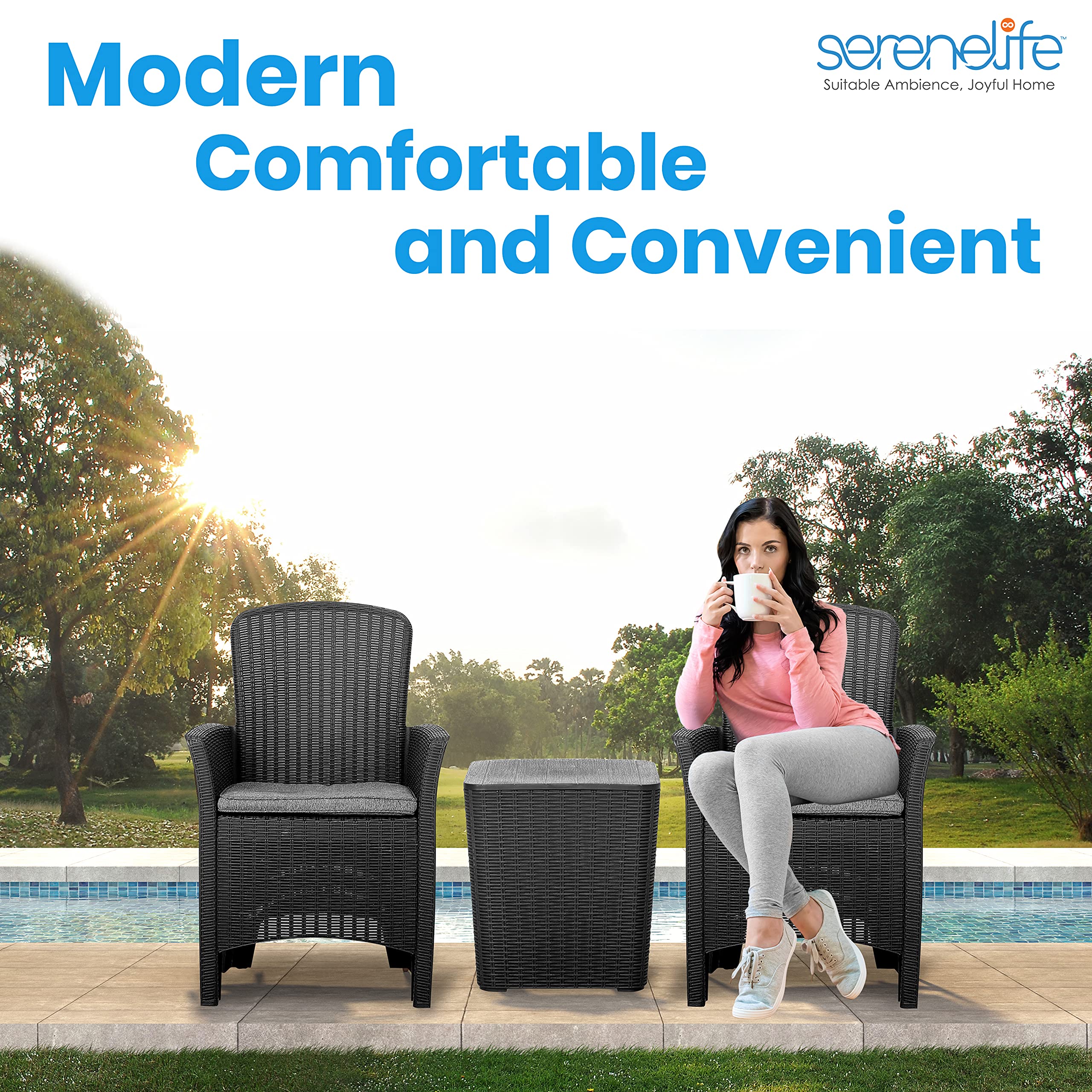 SereneLife 3-Piece Outdoor Patio Furniture Set - Black Rattan Wicker Chairs with Coffee Table, Bistro Conversation Set for Garden, Porch, Backyard & Poolside Relaxation