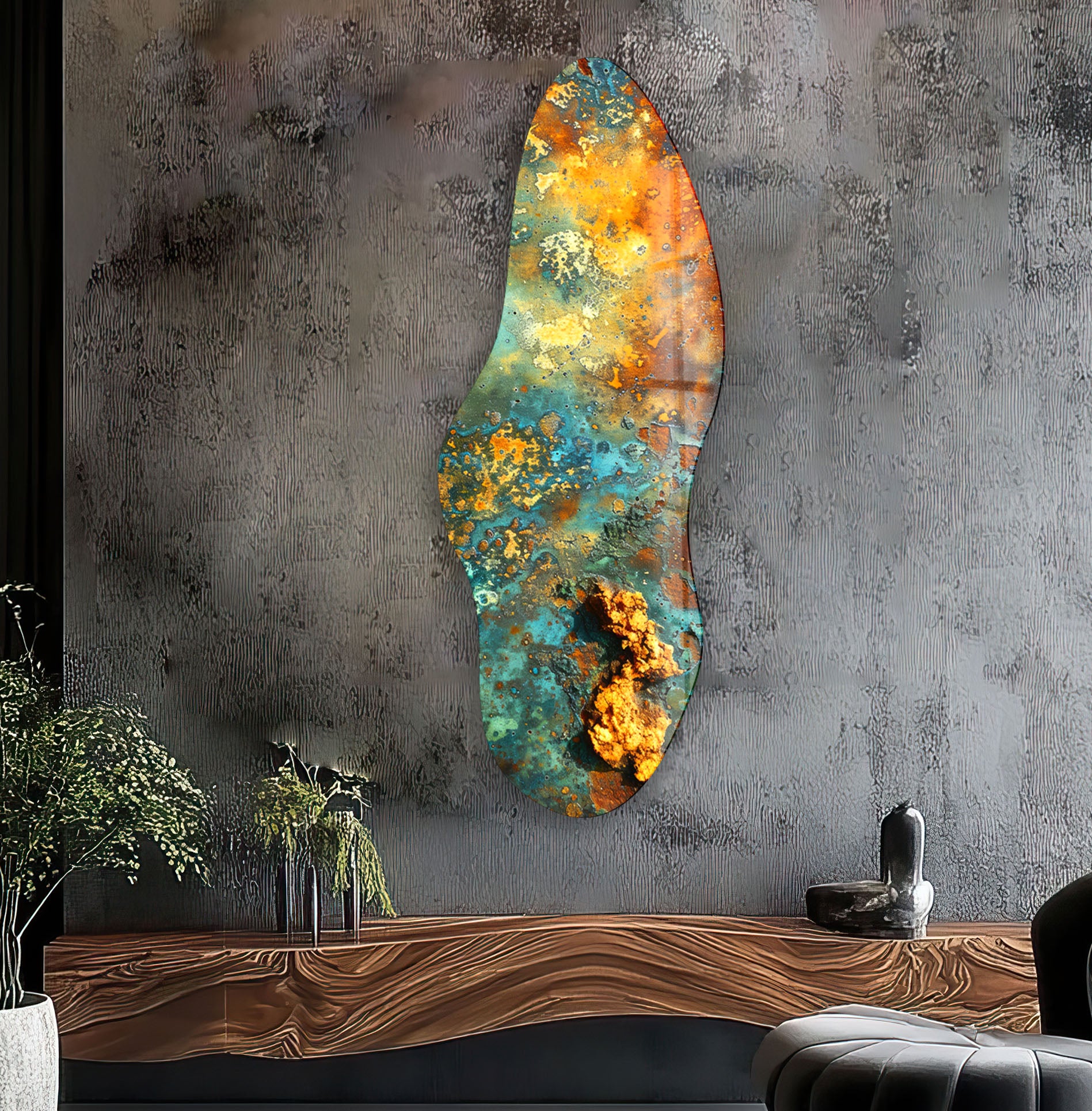 Abstract Green & Gold Irregular Glass Wall Art - Modern Handmade Home Decor for Living Room, Bedroom, Office - Unique Geometric Wall Sculpture for Contemporary Interior Design