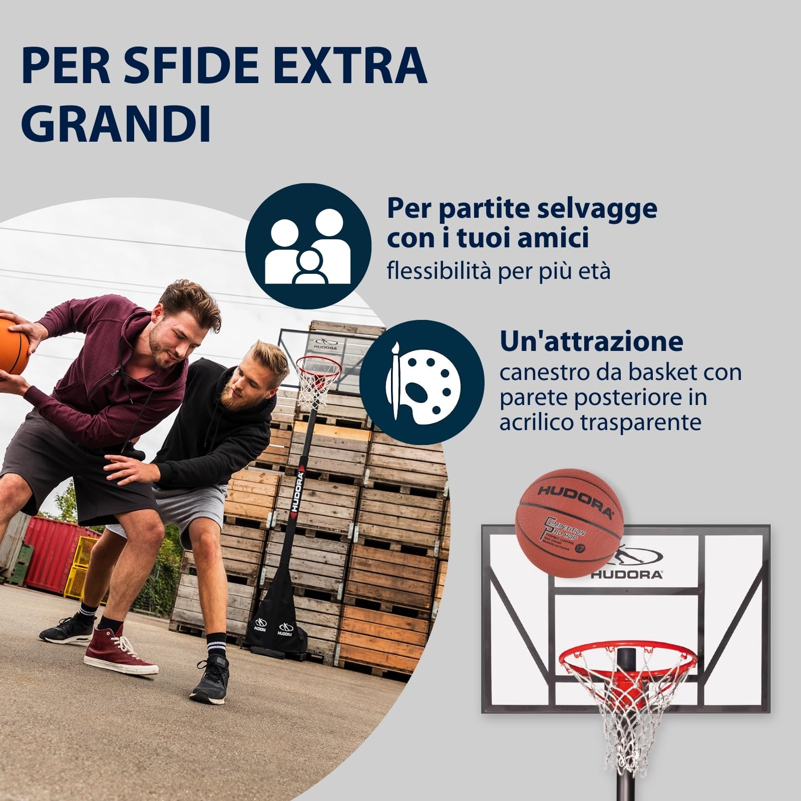 HUDORA Competition Pro Adjustable Height Basketball Hoop for Kids, Teens & Adults - Portable Outdoor Basketball Goal with Wheels - Perfect for Driveway, Backyard & Park Play
