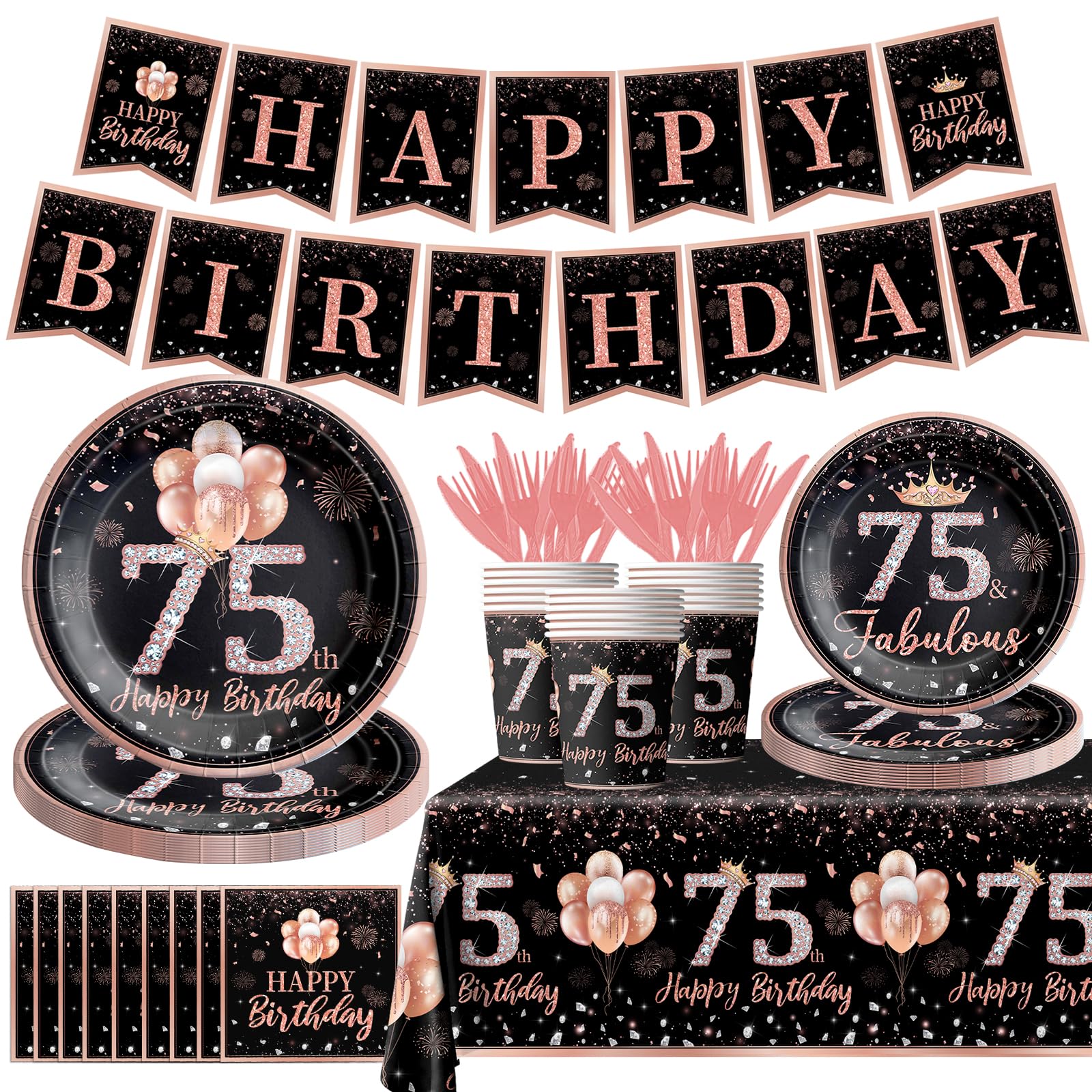 142Pcs Rose Gold 75th Birthday Party Tableware Set - Disposable Tablecloth, Plates, Napkins, Cups, Forks & Knives for Women's 75 Years Old Celebration - Perfect for Themed Birthday Decorations & Party Supplies