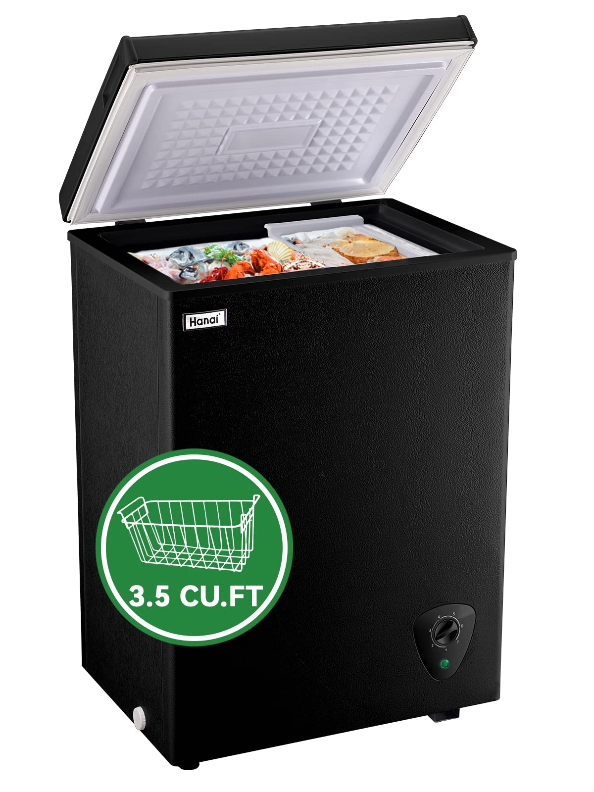 3.5 Cu.Ft Black Chest Freezer - Compact Deep Freezer with Adjustable Thermostat & Removable Basket - Perfect for Garage, Basement, Apartment, Kitchen & Small Business Use