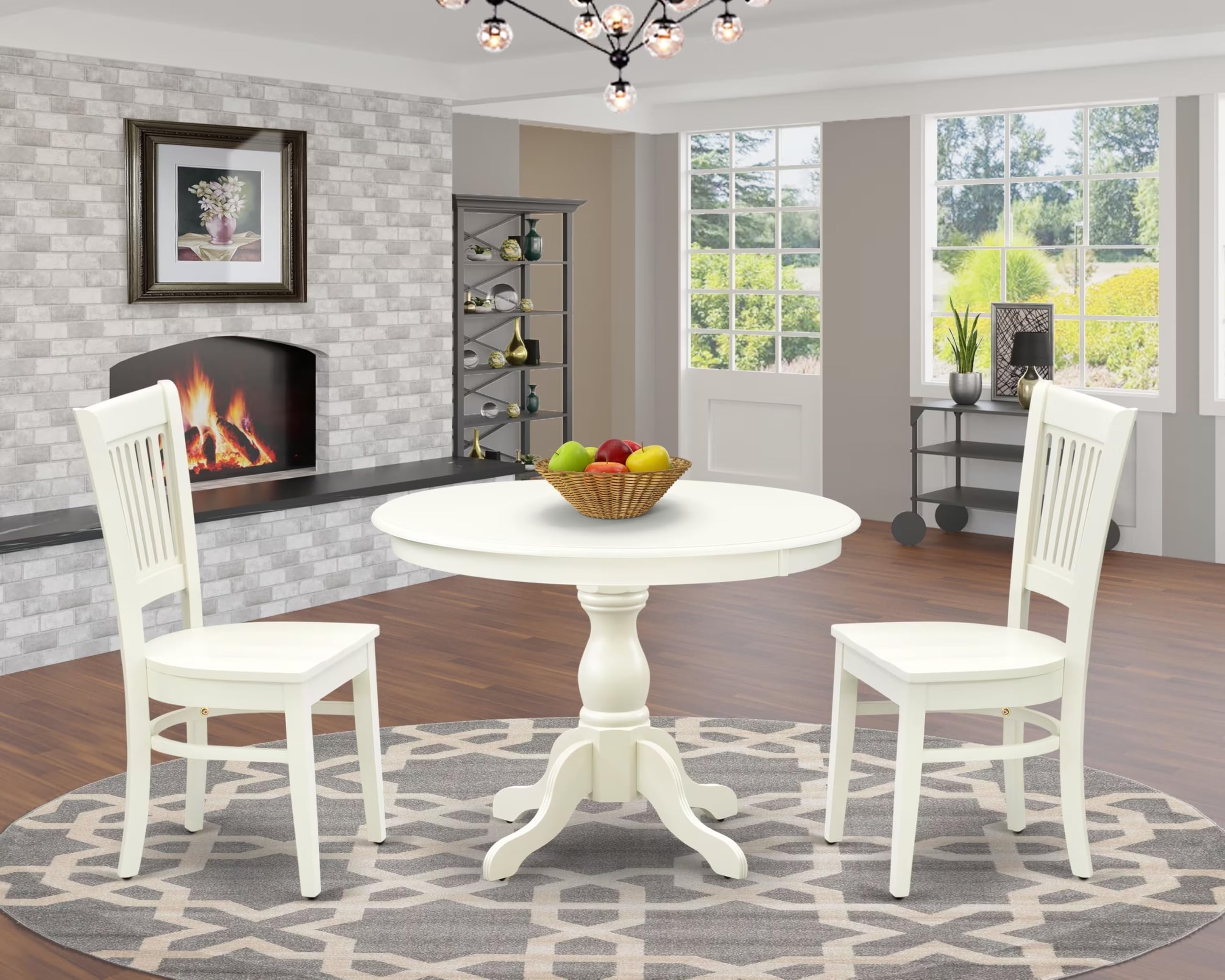 East West Furniture HBVA3-LWH-W 3-Piece Round Dining Set with Pedestal Table & 2 Wooden Chairs, 42x42 Inch, Linen White - Perfect for Small Spaces, Breakfast Nooks & Cozy Apartment Dining