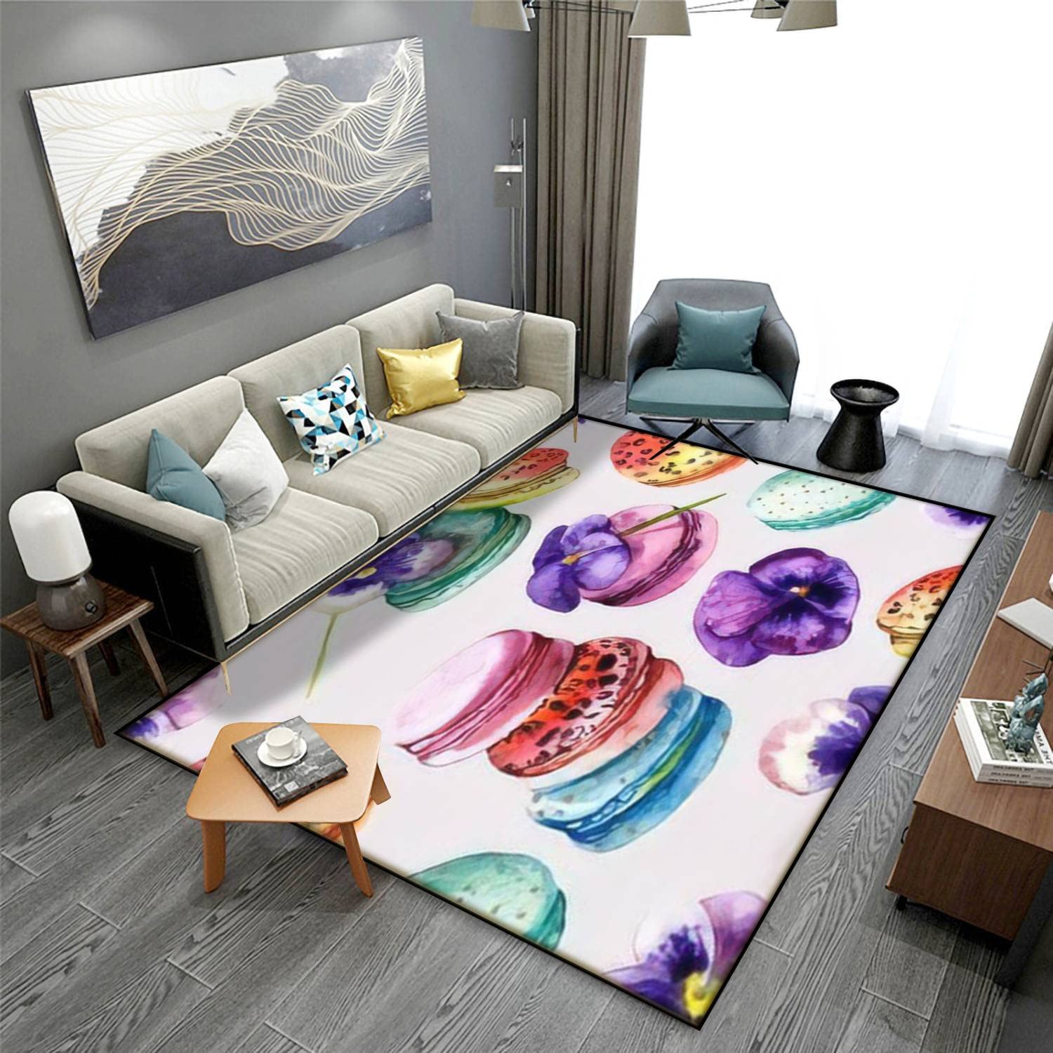 MJKIODPEV Non-Slip Watercolor Floral Area Rug - Soft Sponge Carpet with Cookies & Pansies Design for Living Room, Bedroom, Dorm - 63×94 Inch Indoor/Outdoor Floor Mat - Perfect for Cozy Home Decor & Guest Room Accent