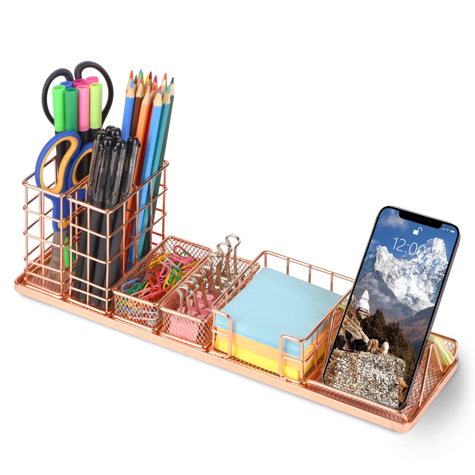 Stylish Rose Gold Desk Organizer Set - Office & Home Desk Accessories with Pen Holder, Phone Stand, Sticky Note Tray & Paperclip Storage | Perfect for Work, Study & Home Office Organization