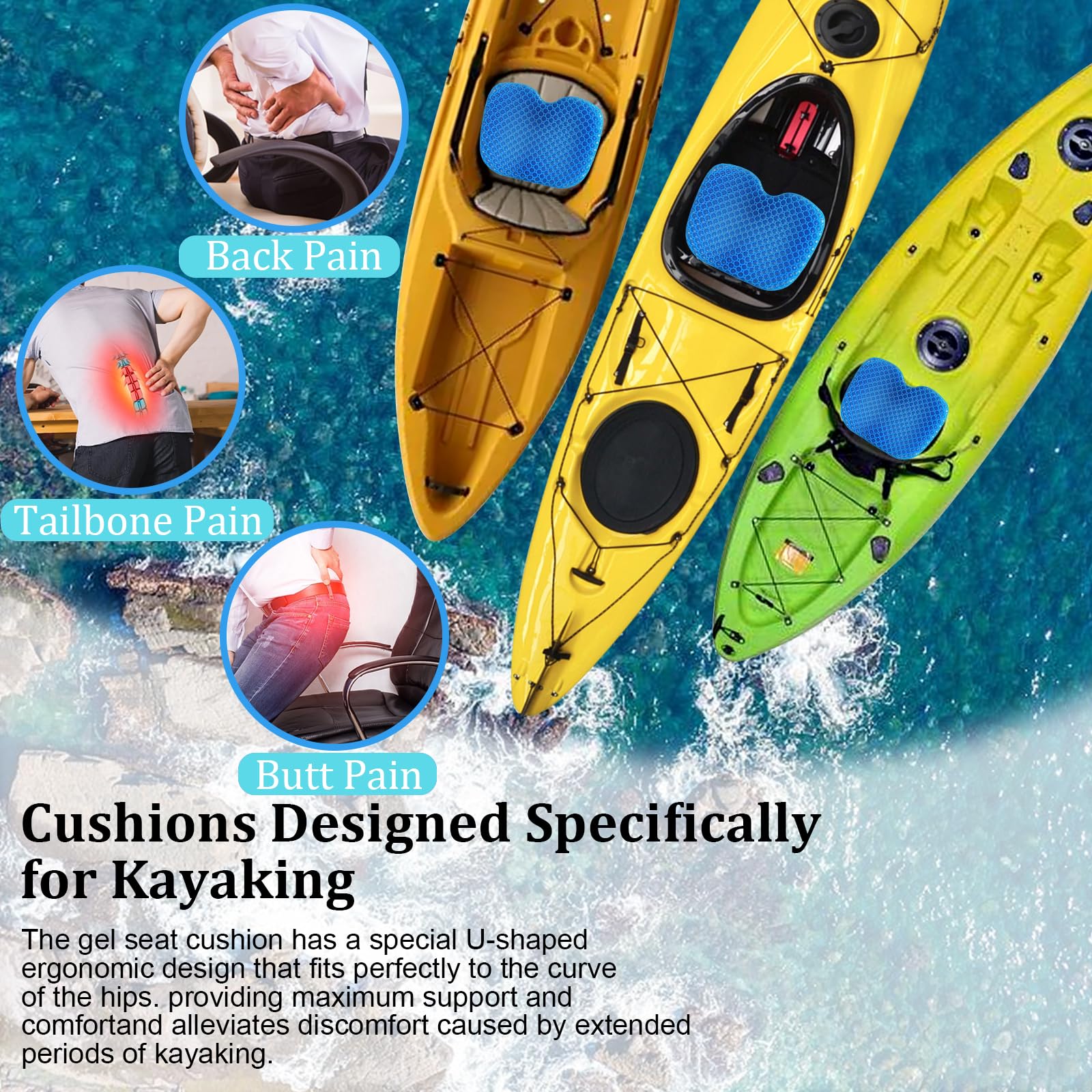 **Premium Anti-Slip Kayak Seat Cushion - Thick Waterproof Gel Pad for Kayak, Canoe & Rowing - Comfortable & Durable Kayak Accessory for Fishing & Outdoor Adventures**    *(Perfect for Long Fishing Trips, Kayaking Expeditions & Water Sports - Enhances Comfort & Stability on the Water!)*