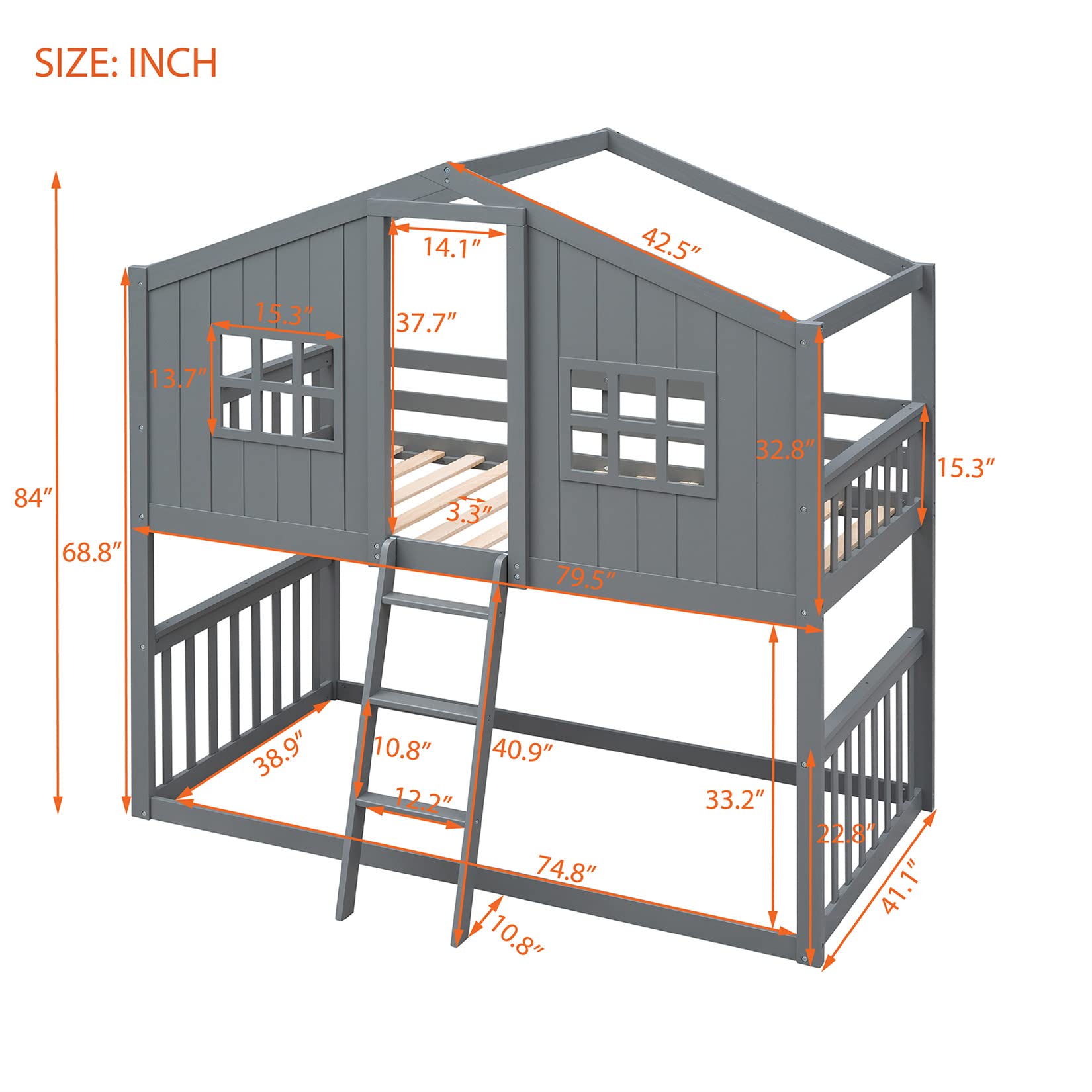 Bellemave Twin Over Twin Low Bunk Beds - Wooden Playhouse Loft Bed Frame for Kids, Boys, Girls & Teens - Space-Saving Gray Bunk Bed for Small Rooms, Shared Kids Bedroom & Sleepovers